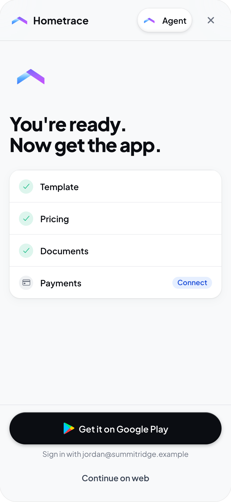 Hometrace interface illustration: Same step on Android: Google Play button and round app icon.