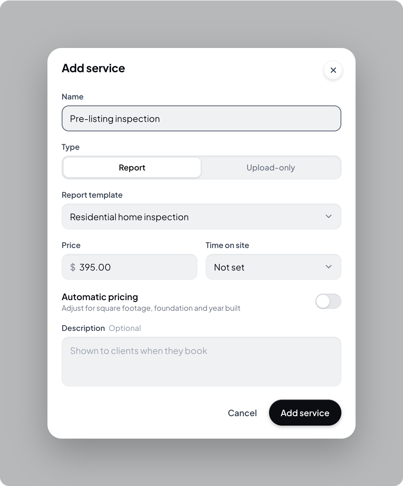 Hometrace interface illustration: Add service dialog filled in as a Report service with a template and price.
