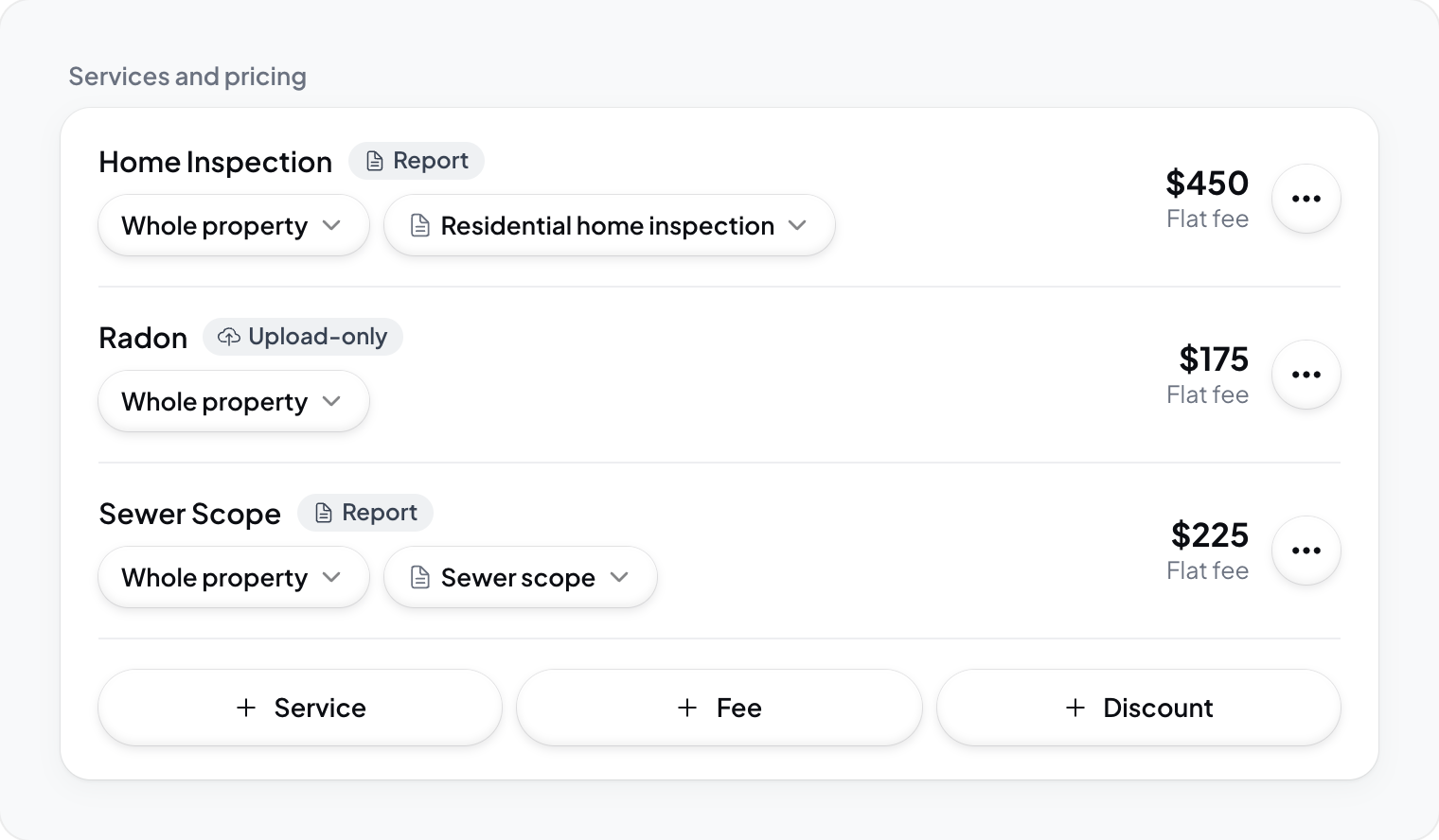 Hometrace interface illustration: Create inspection, Services and pricing card: Home Inspection with a report template and price, Radon, Sewer Scope.