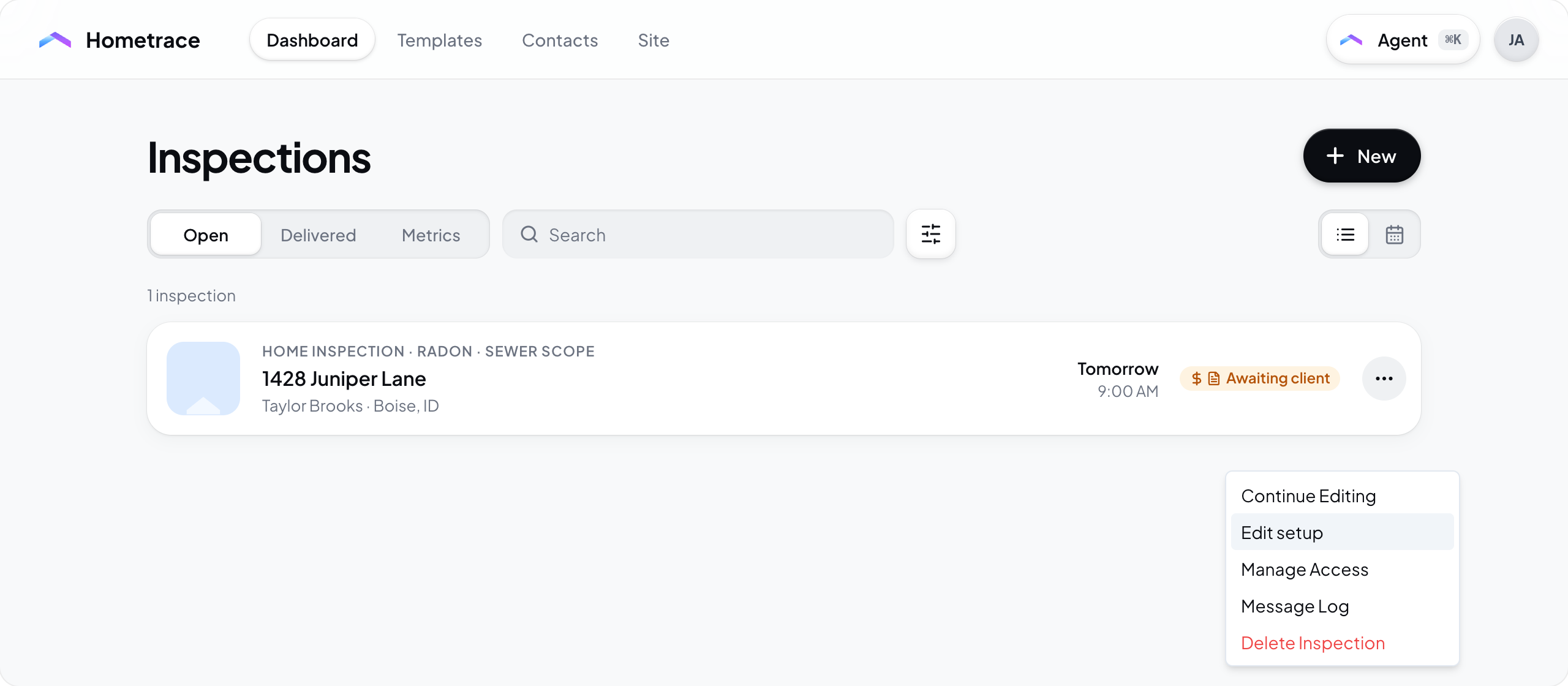 Hometrace interface illustration: Dashboard with the 1428 Juniper Lane row and its action menu open on Edit setup.