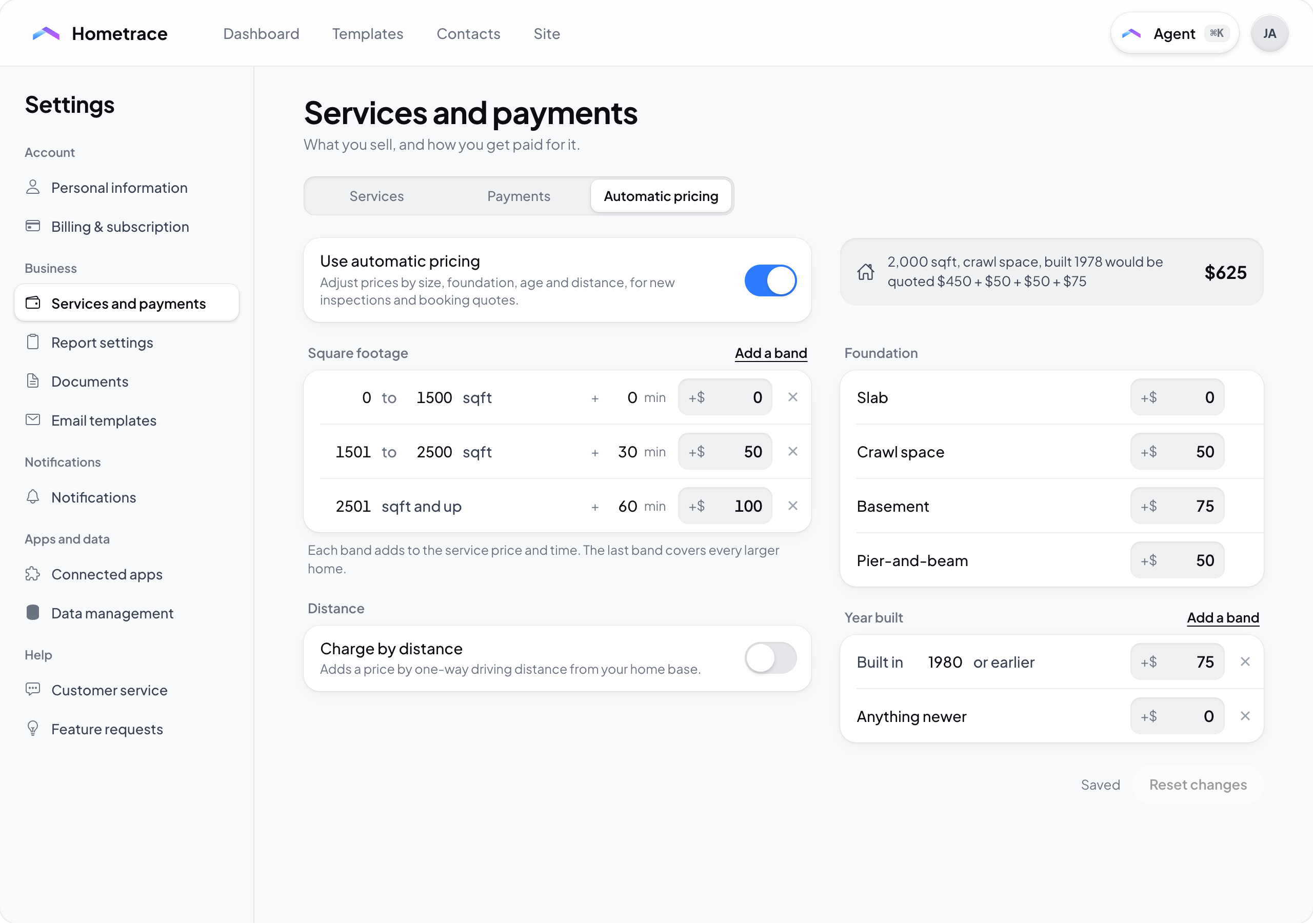 Hometrace interface illustration: Automatic pricing on: example quote, square footage bands, foundation and year built adders.