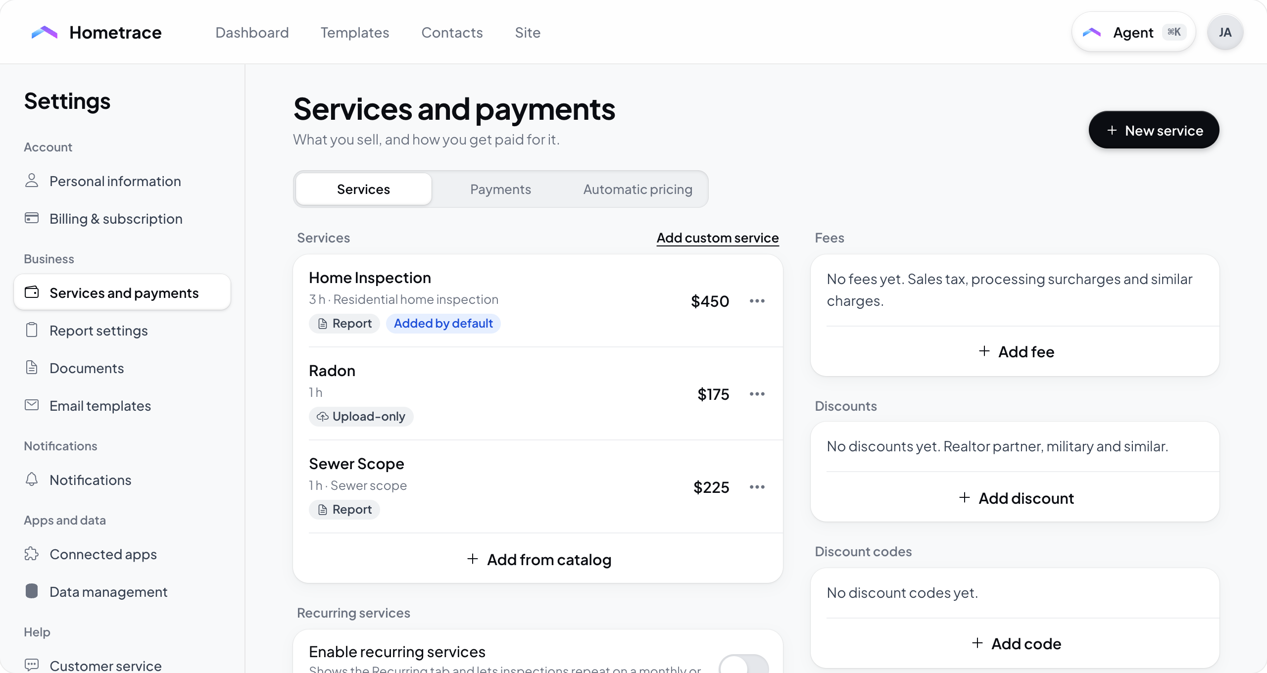 Hometrace interface illustration: Services and payments, Services tab with three sample services, fees, discounts and codes.