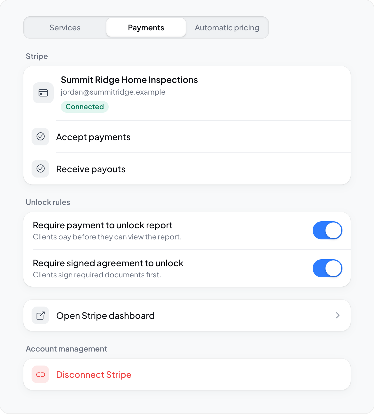 Hometrace interface illustration: Payments tab, Stripe connected (no balances or account IDs), unlock rules.