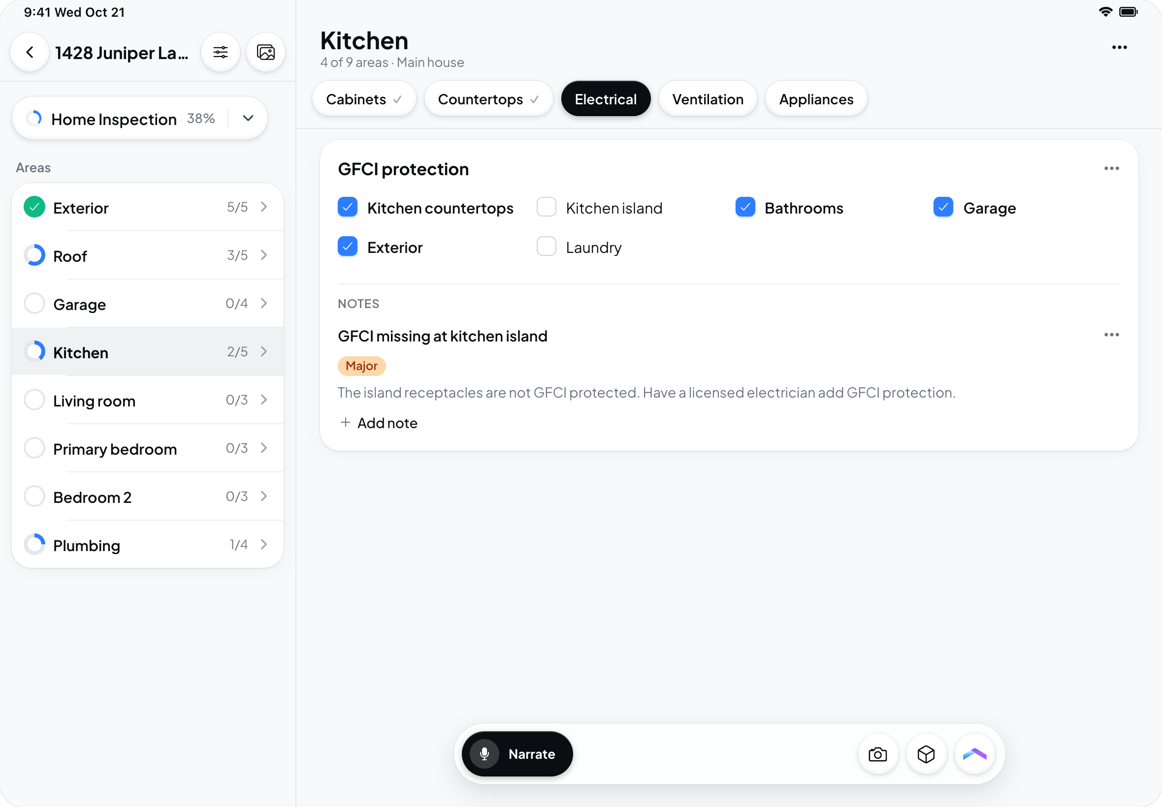 Hometrace interface illustration: iPad landscape: areas sidebar beside the Kitchen area with a four-column checkbox spec.