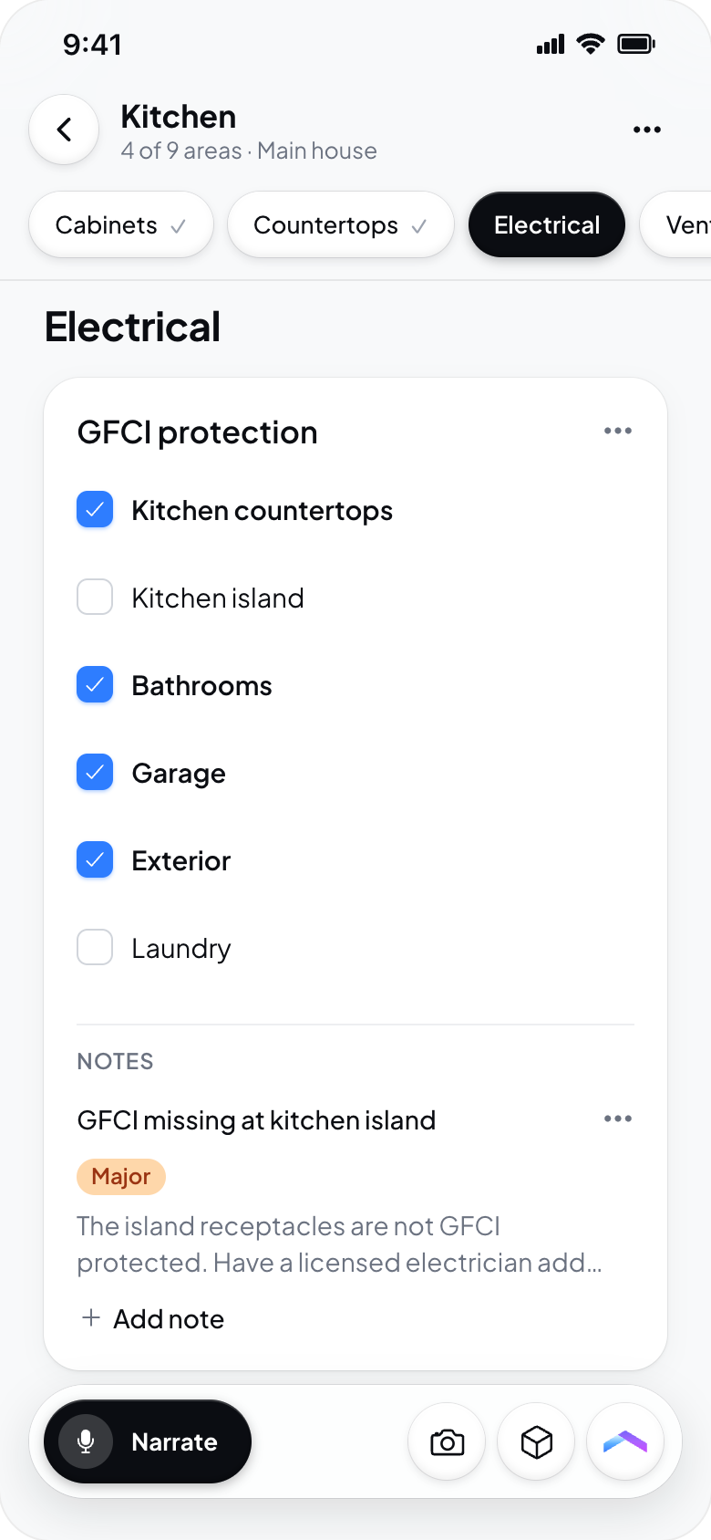 Hometrace interface illustration: iPhone area screen: subsection chips, checkbox spec, notes, narration pill.