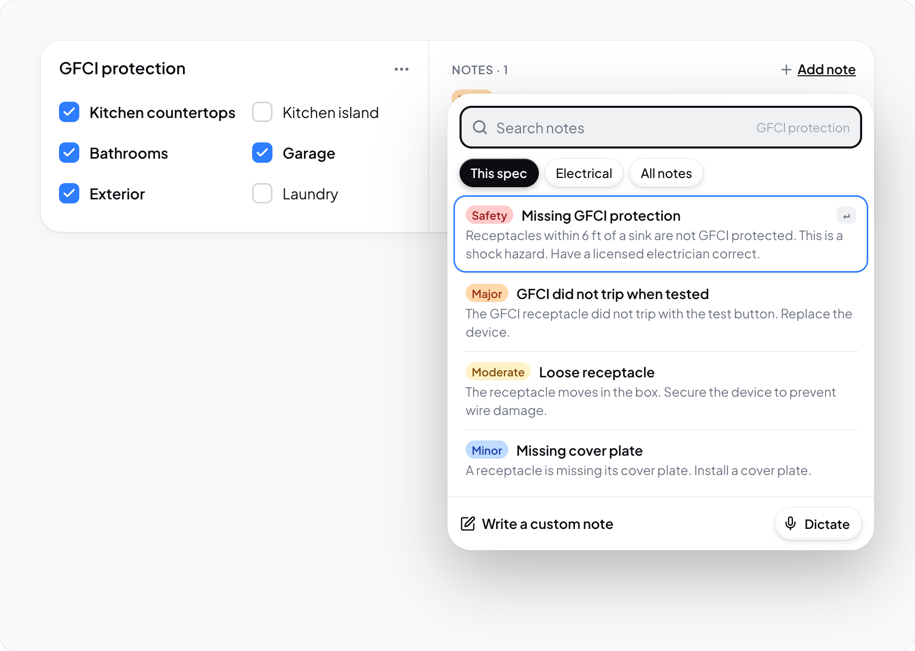 Hometrace interface illustration: Add note picker on a spec: search, scope chips, single-click notes, custom note and Dictate.