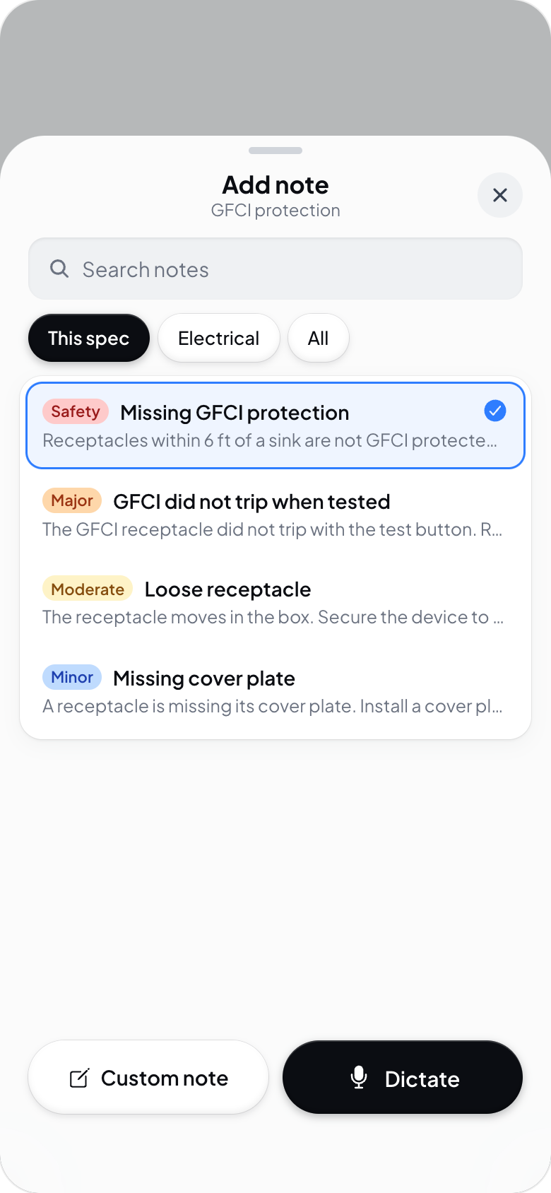 Hometrace interface illustration: iPhone Add note sheet: one-tap note choices, Custom note and Dictate.
