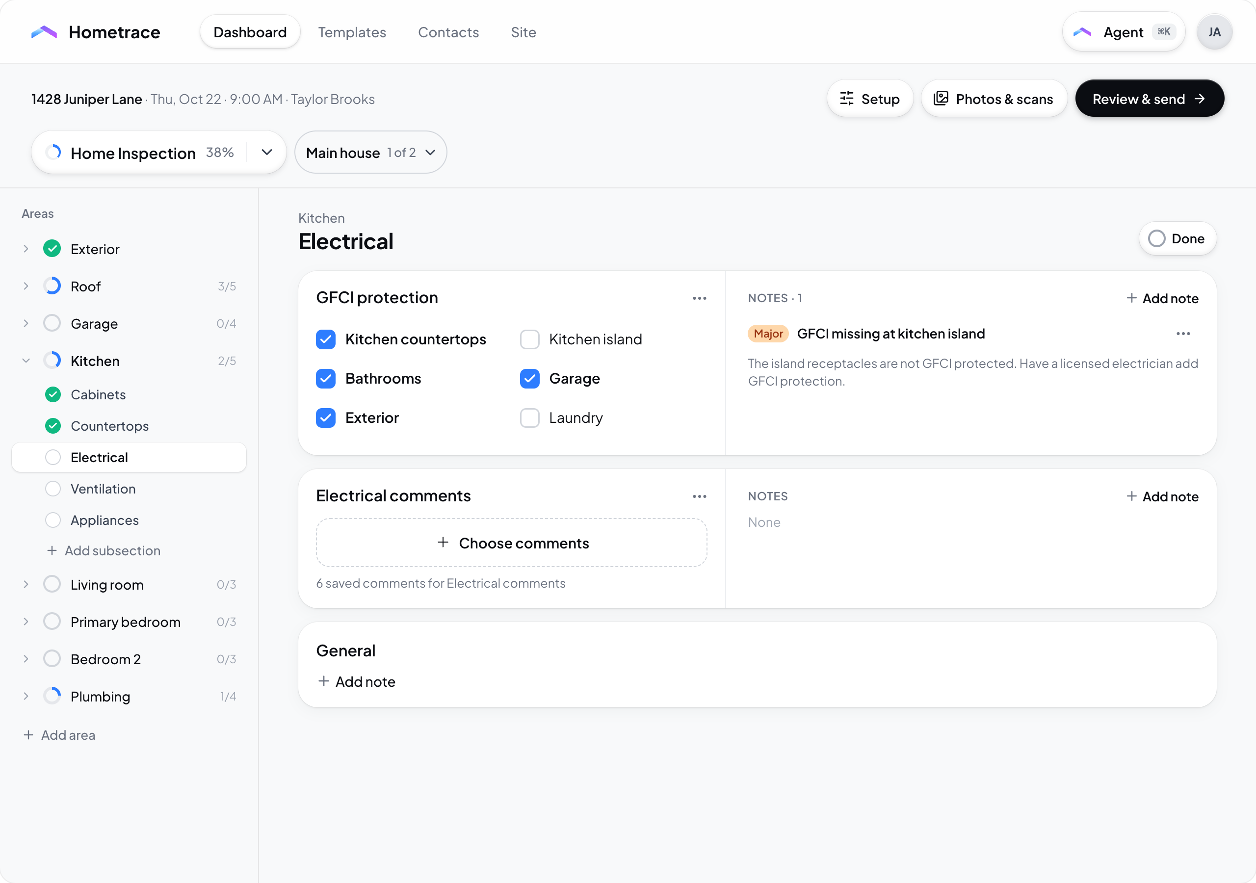 Hometrace interface illustration: Report editor: service and unit selectors, Areas rail with subsections, a checkbox spec with a note, a comment spec, General notes.