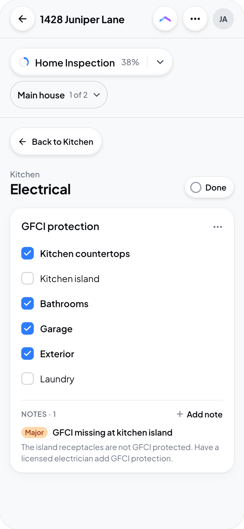 Hometrace interface illustration: Report editor on a phone browser: service and unit pills, Back to Kitchen, spec with notes.