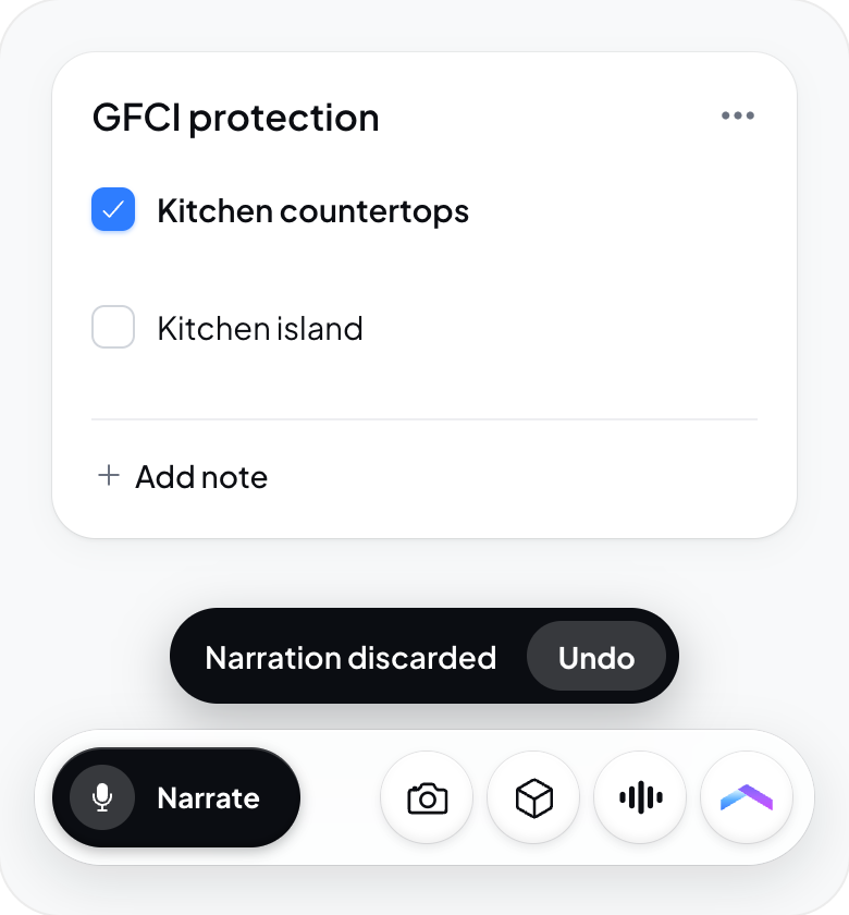 Hometrace interface illustration: After X: "Narration discarded" toast with Undo.
