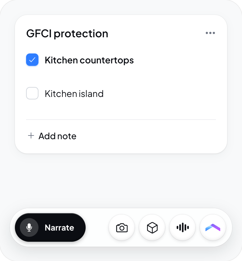 Hometrace interface illustration: Narration pill at rest: Narrate, camera, room scan, live voice, Agent.