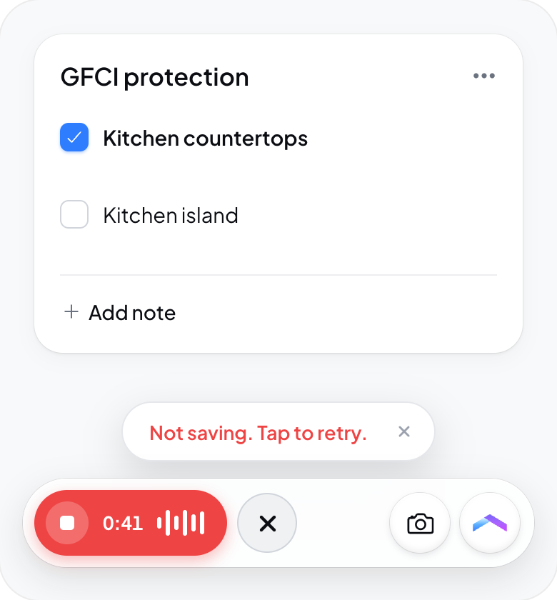 Hometrace interface illustration: Recording while uploads are failing: "Not saving. Tap to retry." notice pill over the dock.