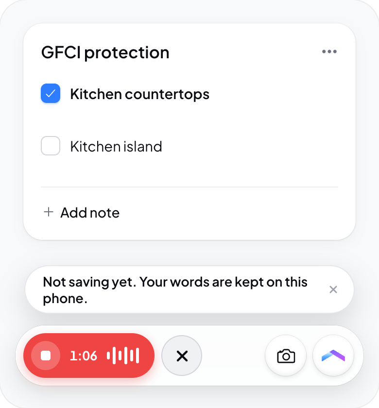 Hometrace interface illustration: Recording offline: "Not saving yet. Your words are kept on this phone."