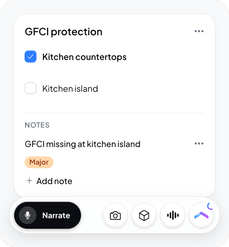 Hometrace interface illustration: Back to Narrate with the Agent working ring; the new note is on the spec.