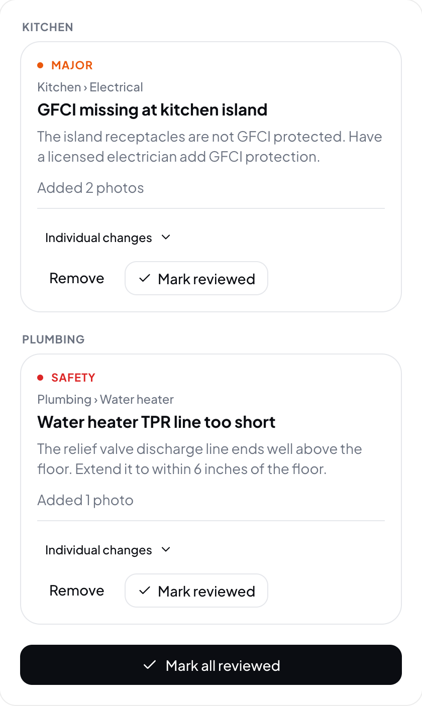 Hometrace interface illustration: Changes list grouped by area, each item with Individual changes, Remove and Mark reviewed.