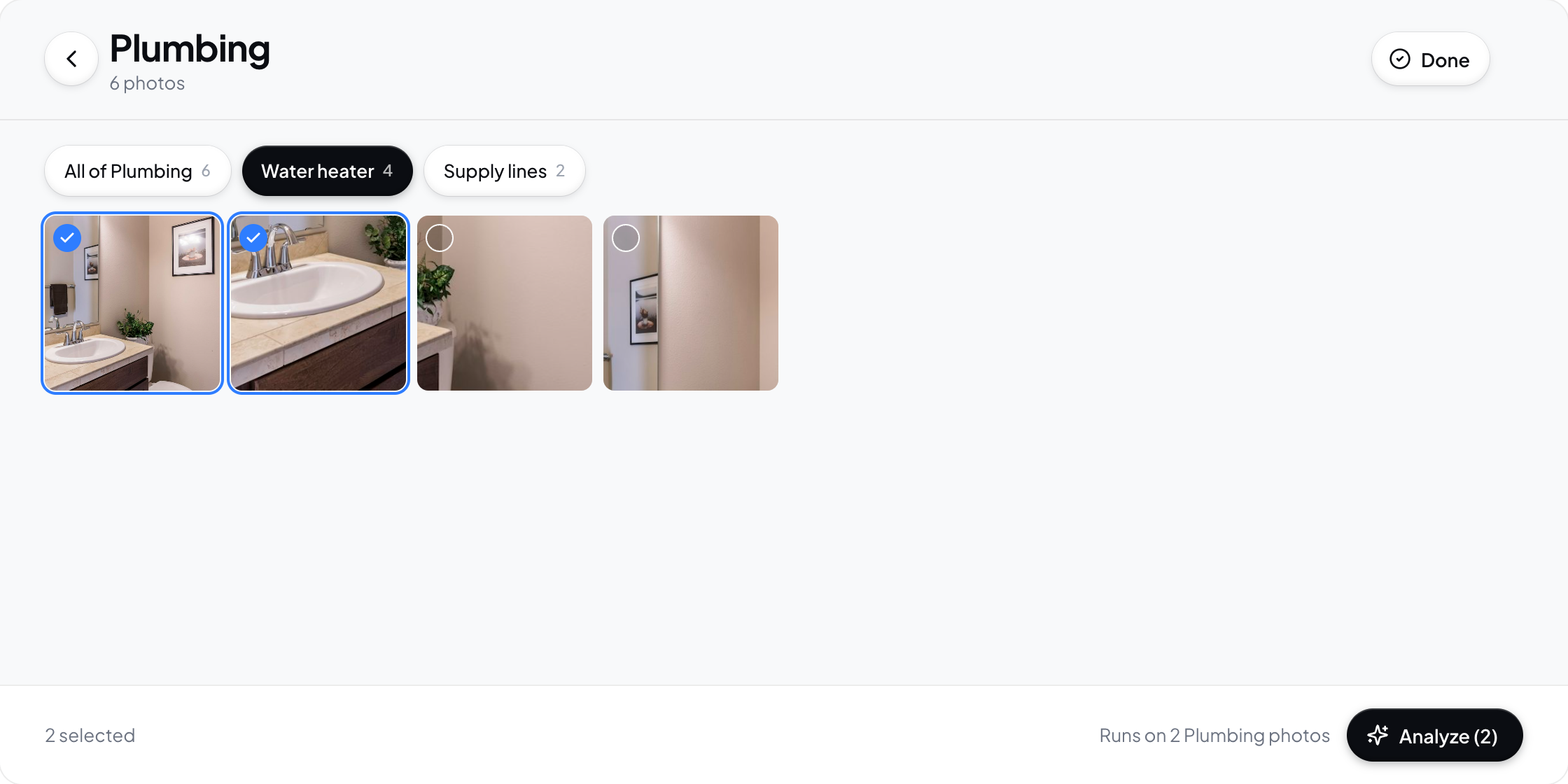 Hometrace interface illustration: Plumbing section with Water heater scope, two photos selected, Analyze (2).