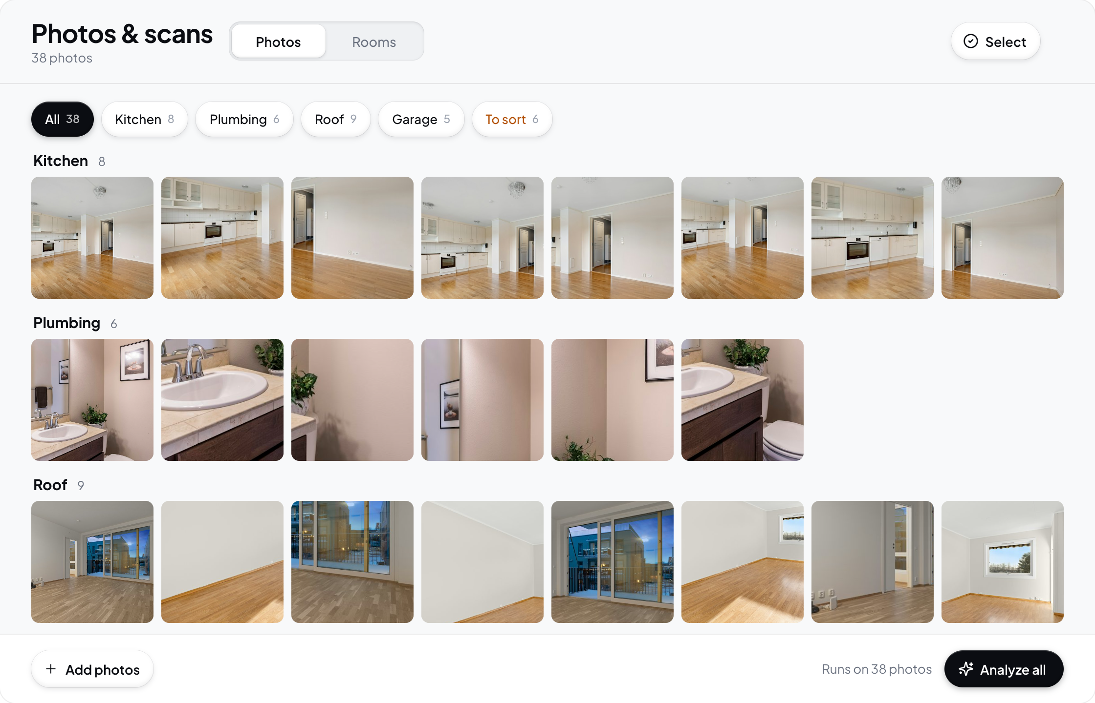 Hometrace interface illustration: Photos & scans: section chips, photo grid by area, Analyze all.