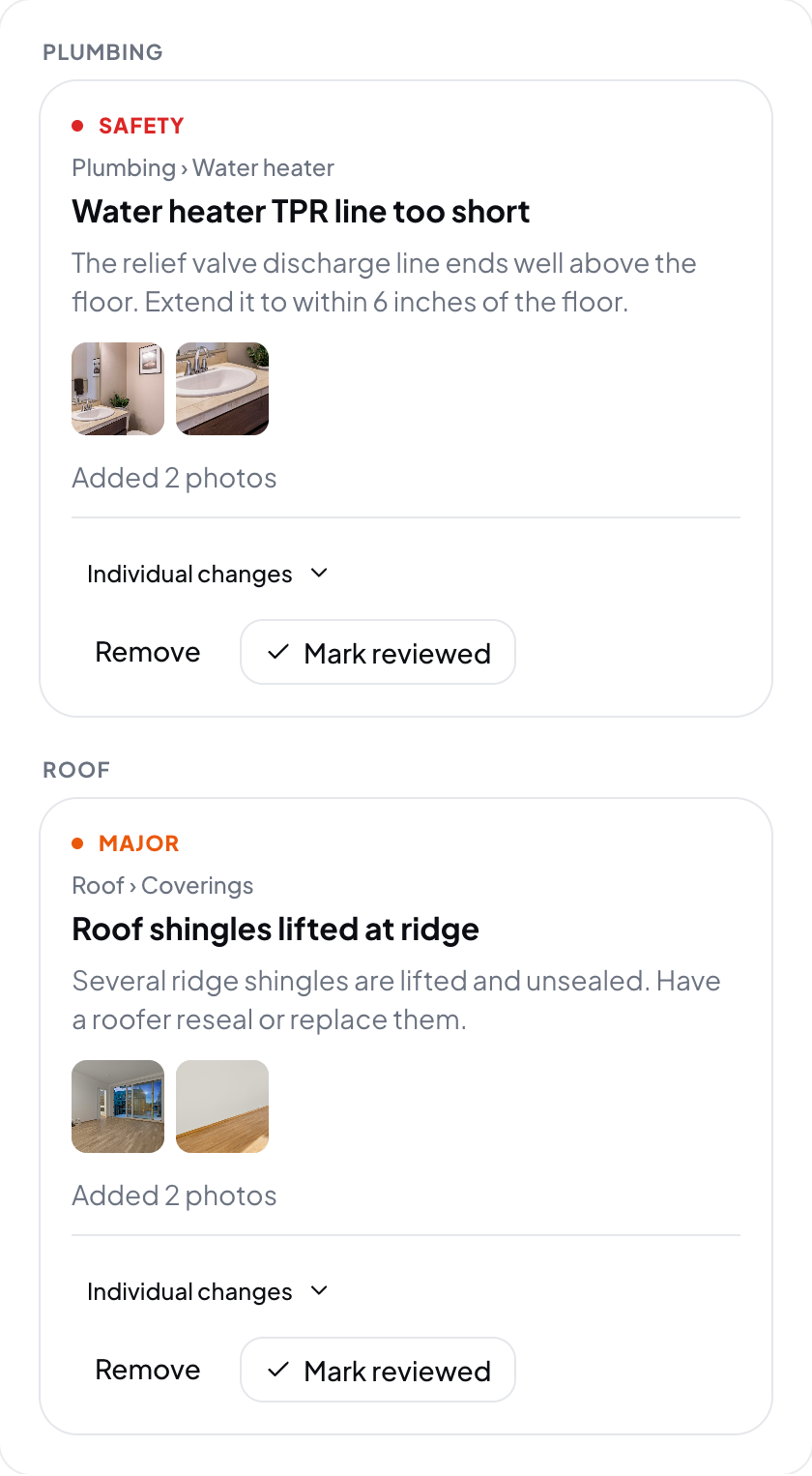 Hometrace interface illustration: Analysis results saved to the report, waiting for Mark reviewed or Remove.