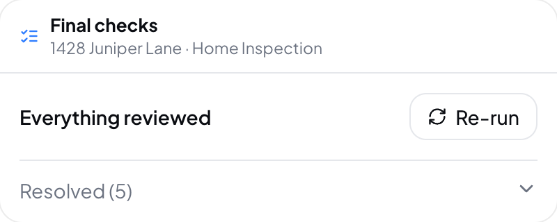 Hometrace interface illustration: Final checks with everything reviewed.
