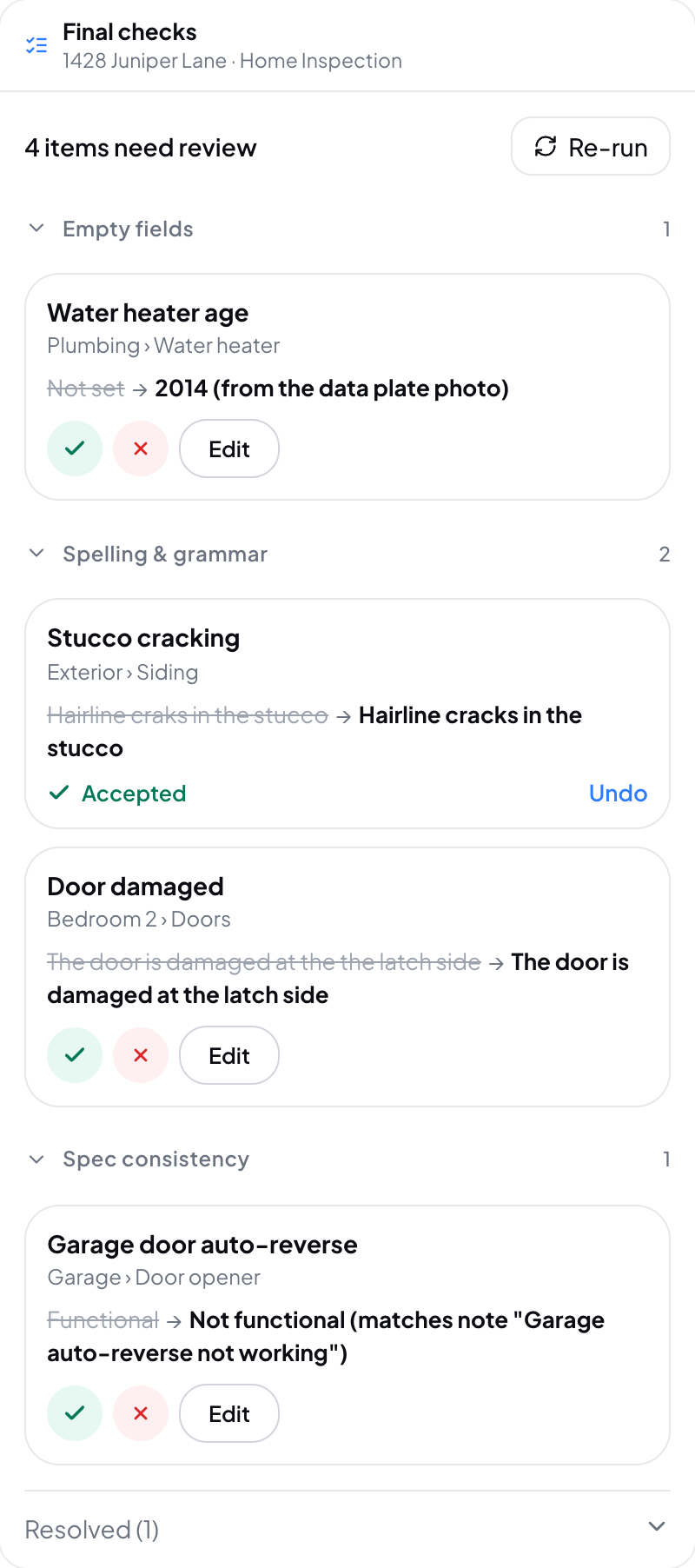 Hometrace interface illustration: Review › Final checks: Empty fields, Spelling & grammar, Spec consistency; Accept / dismiss / Edit, one accepted with Undo, Re-run.