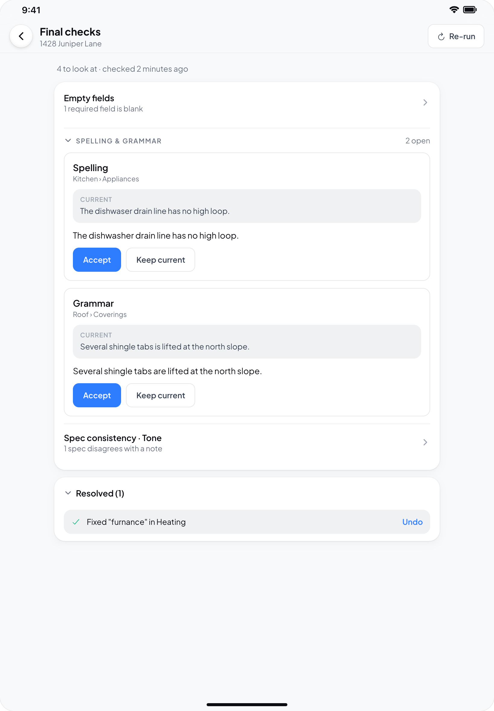 Hometrace interface illustration: The same Final checks on iPad.