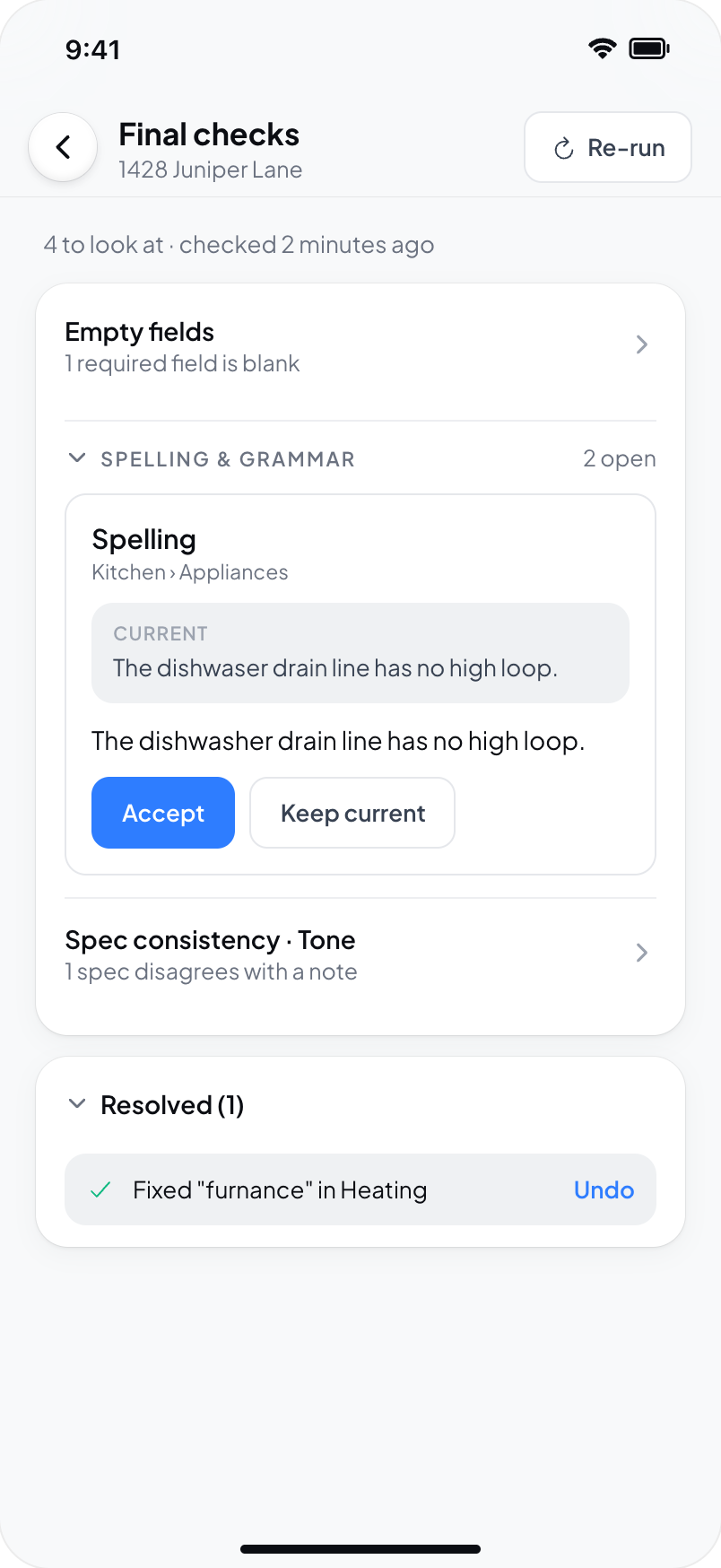 Hometrace interface illustration: Final checks on iPhone: Empty fields, Spelling & grammar open with Accept / Keep current, Spec consistency · Tone, Resolved with Undo, Re-run.