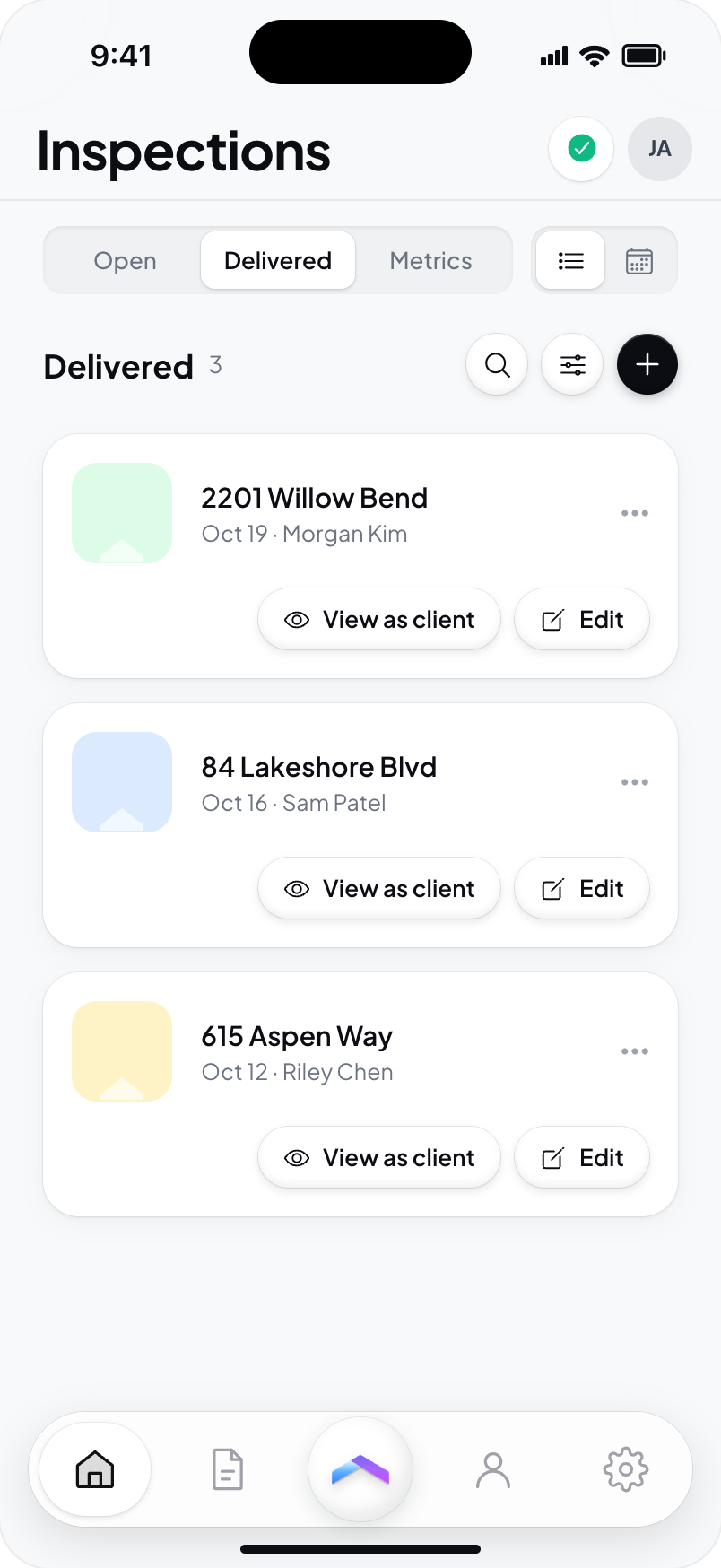 Hometrace interface illustration: Delivered: View as client and Edit on each card.