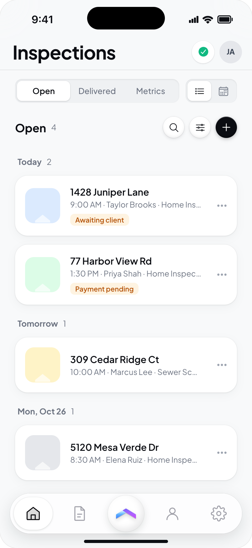 Hometrace interface illustration: Inspections tab, Open: day groups, status tags, search, filters and New.