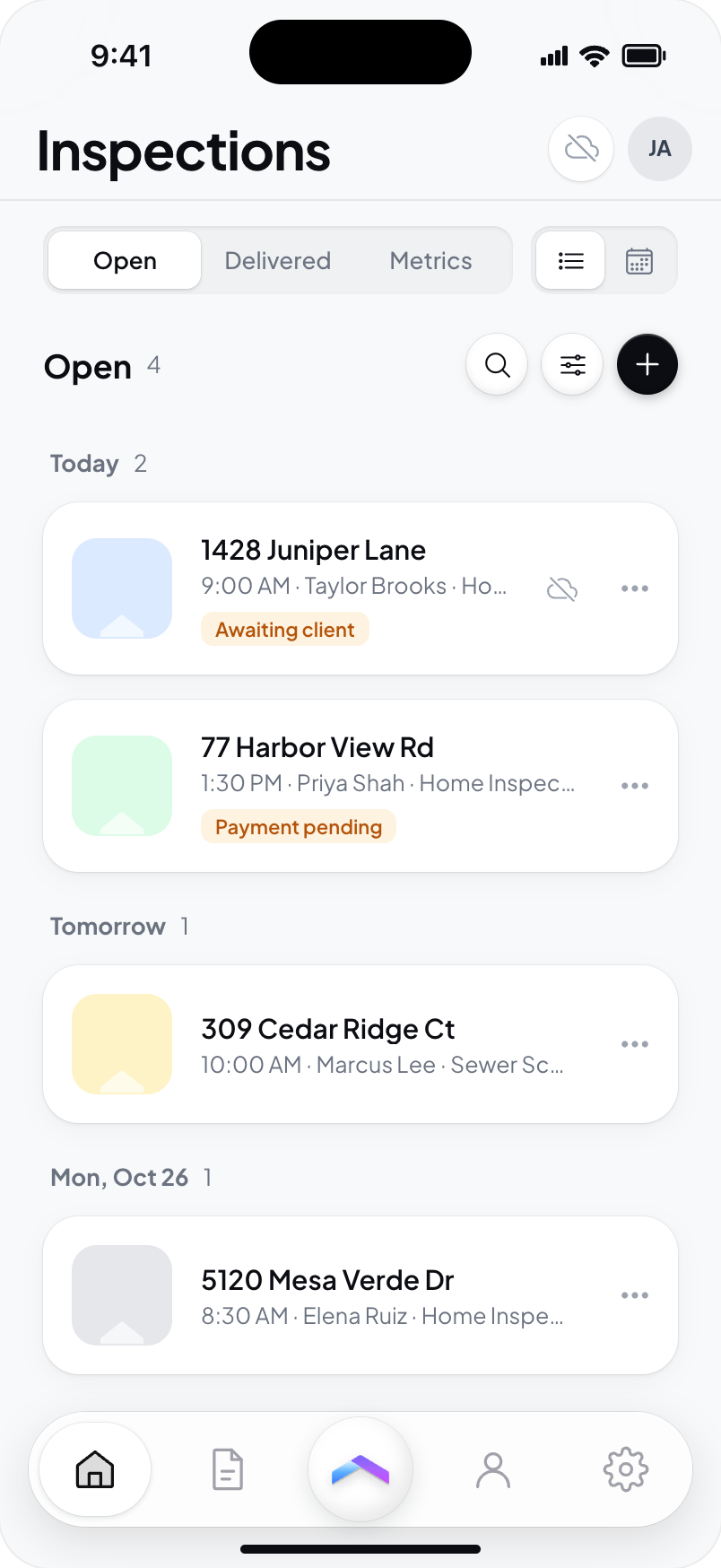 Hometrace interface illustration: Offline: grey cloud in the header, "Offline, waiting to sync" cloud on the inspection with unsent changes.