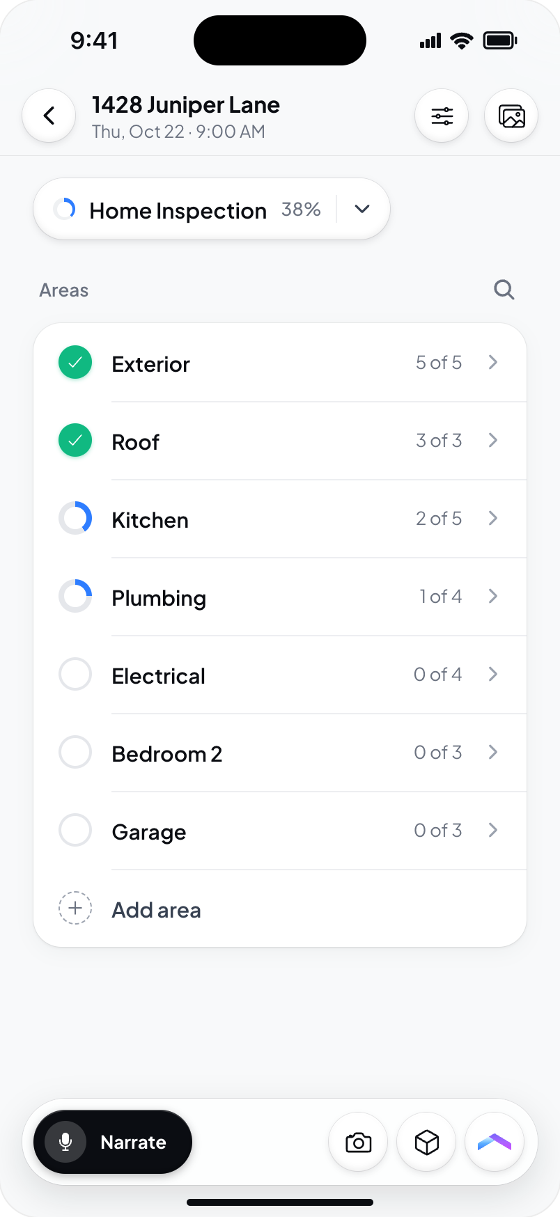 Hometrace interface illustration: Inside an inspection: service pill, Areas list with progress, Setup and Album, narration pill.