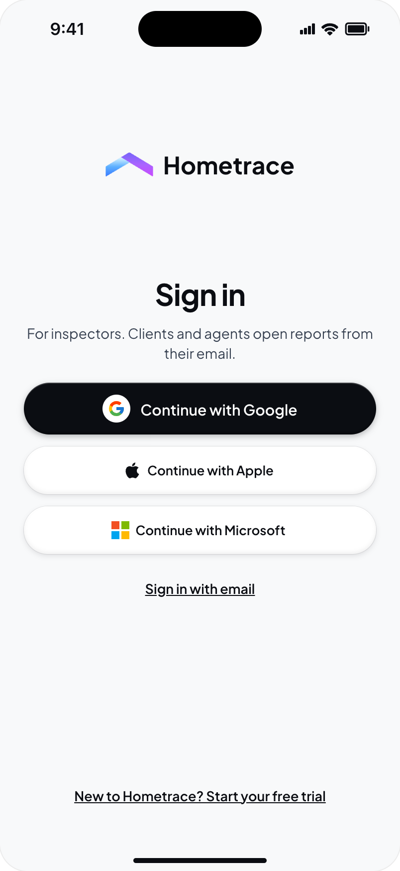 Hometrace interface illustration: Sign in: Google, Apple, Microsoft, Sign in with email, Start your free trial.