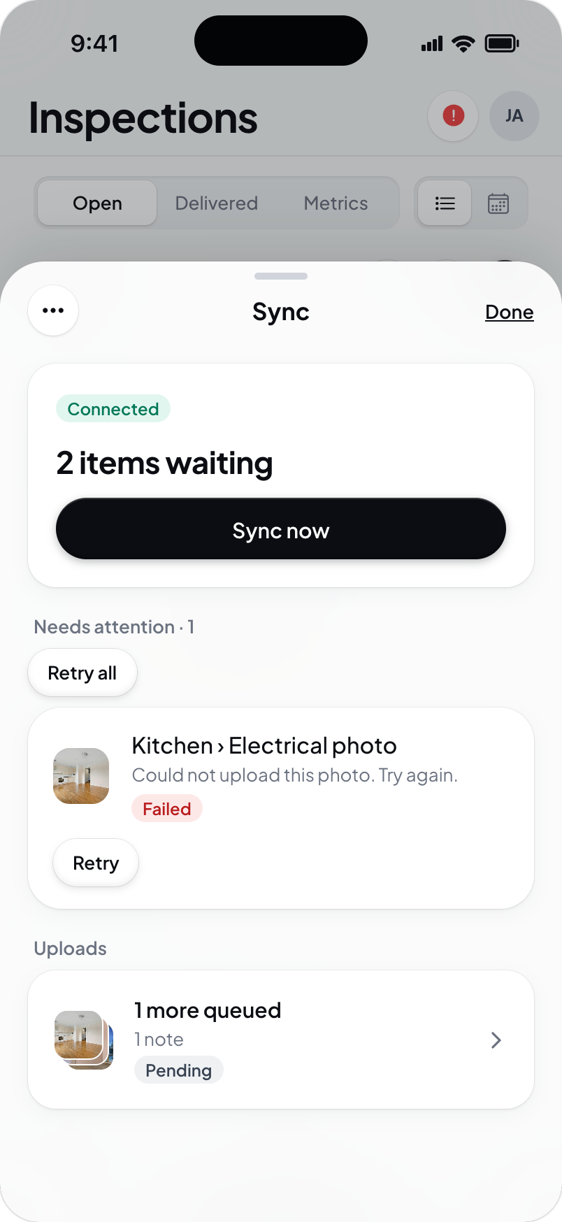 Hometrace interface illustration: Sync sheet with a failed upload: Needs attention, Retry all and Retry.