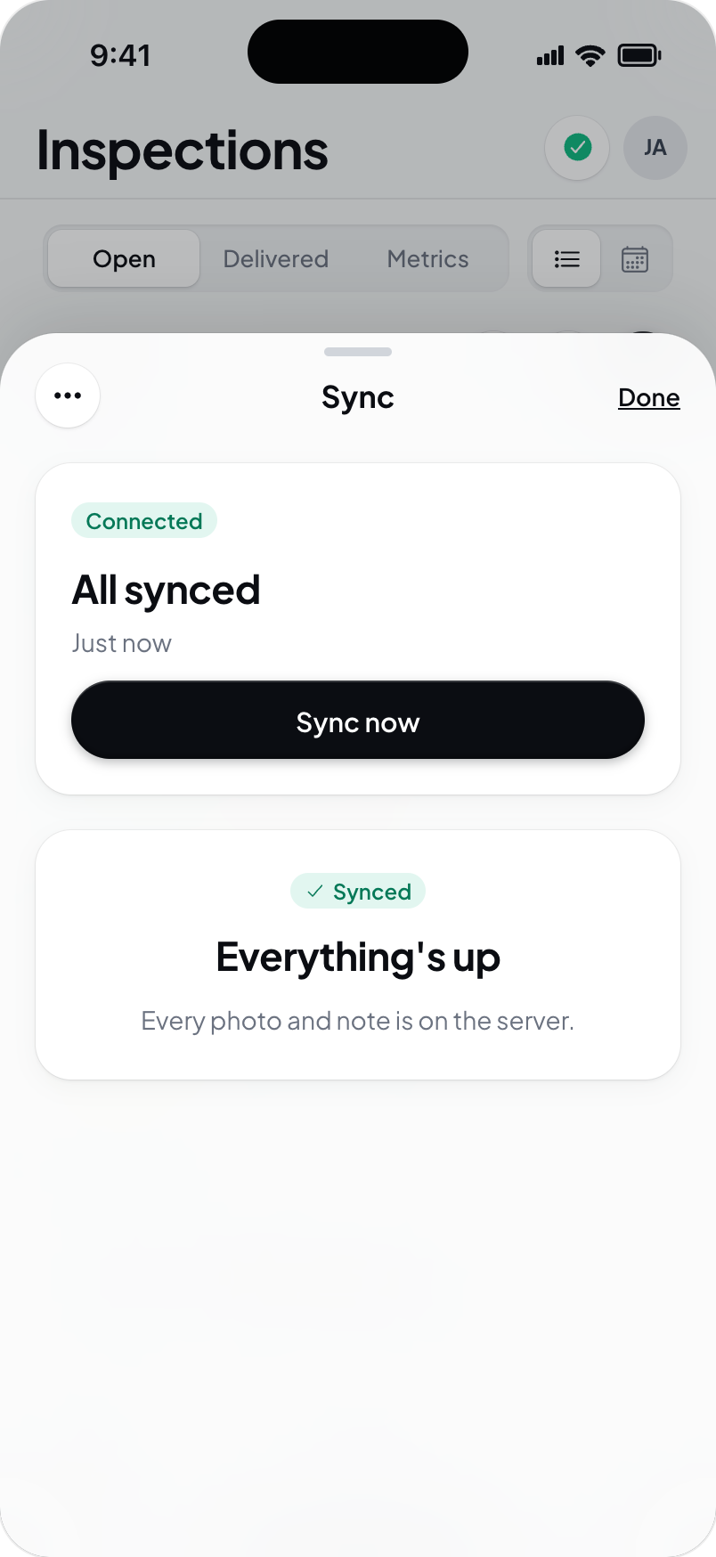 Hometrace interface illustration: Sync sheet when everything is uploaded: All synced, Everything\'s up.