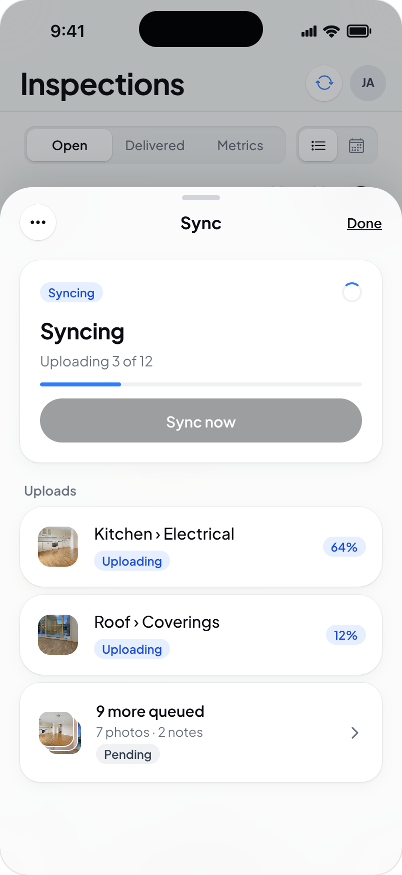 Hometrace interface illustration: Sync sheet while syncing: Uploading 3 of 12, progress, uploads with percent, 9 more queued.
