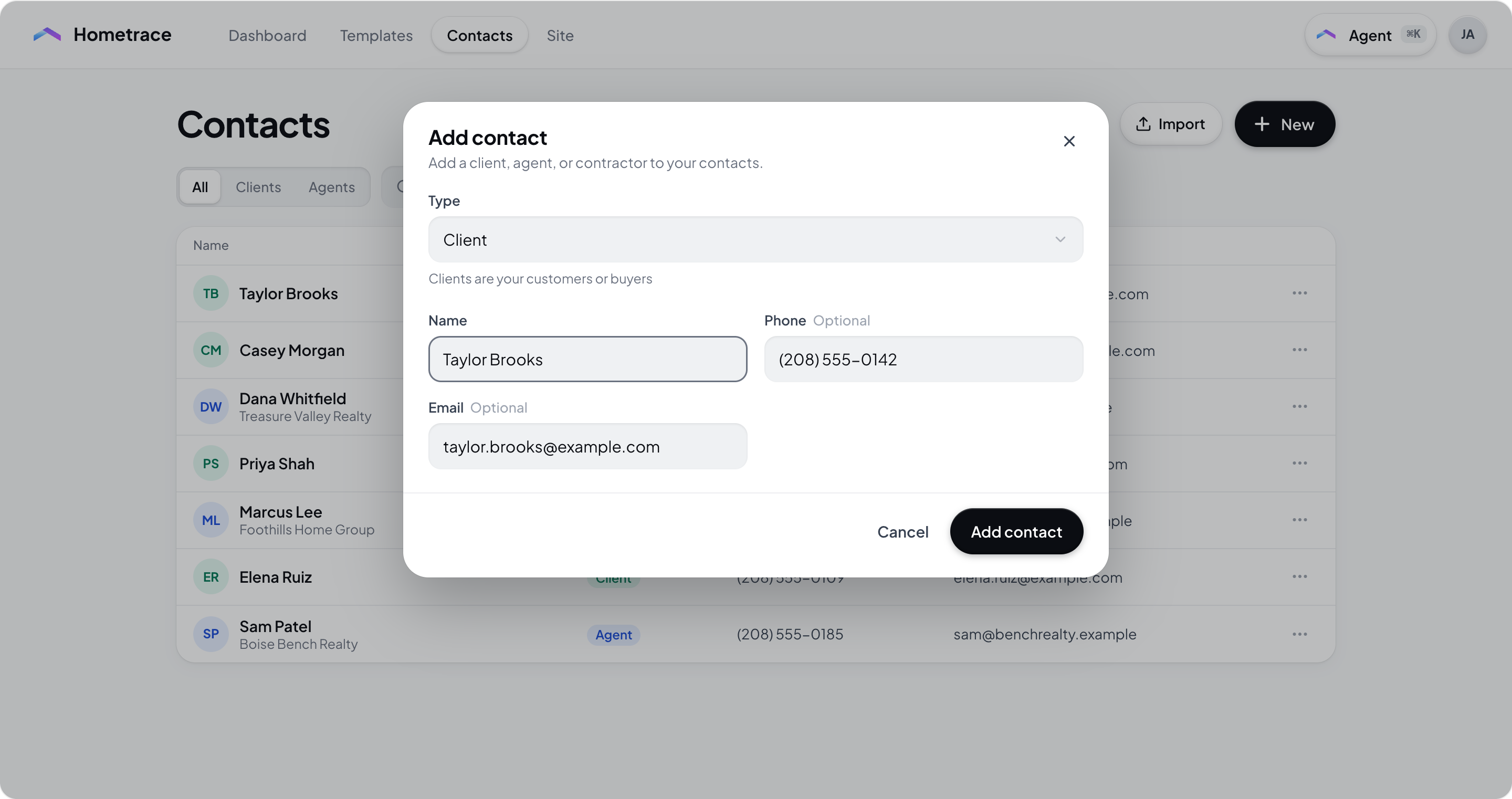 Hometrace interface illustration: Add contact dialog: Type (Client), Name, Phone and Email (Optional), Cancel and Add contact.