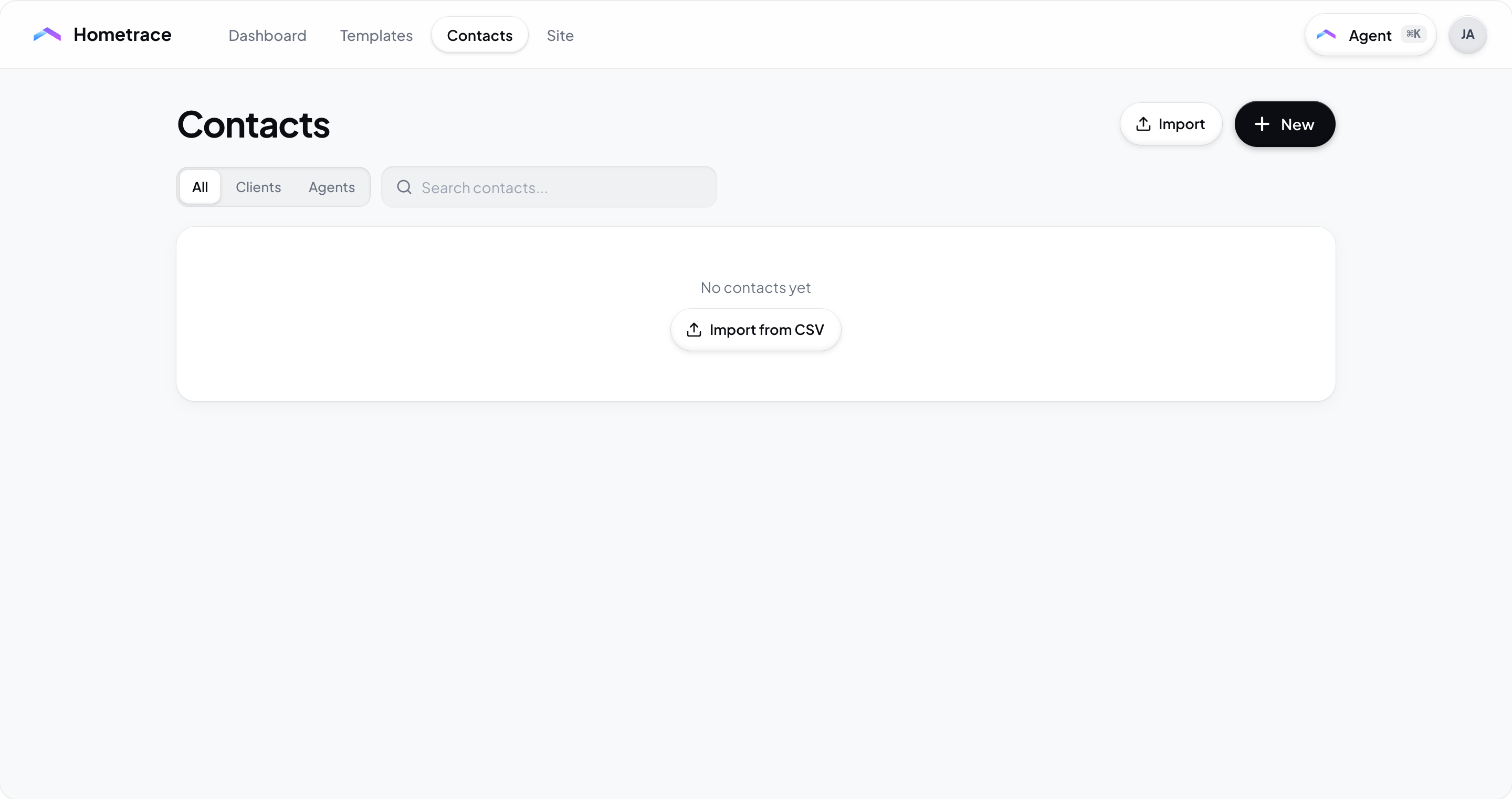 Hometrace interface illustration: No contacts yet, with Import from CSV.