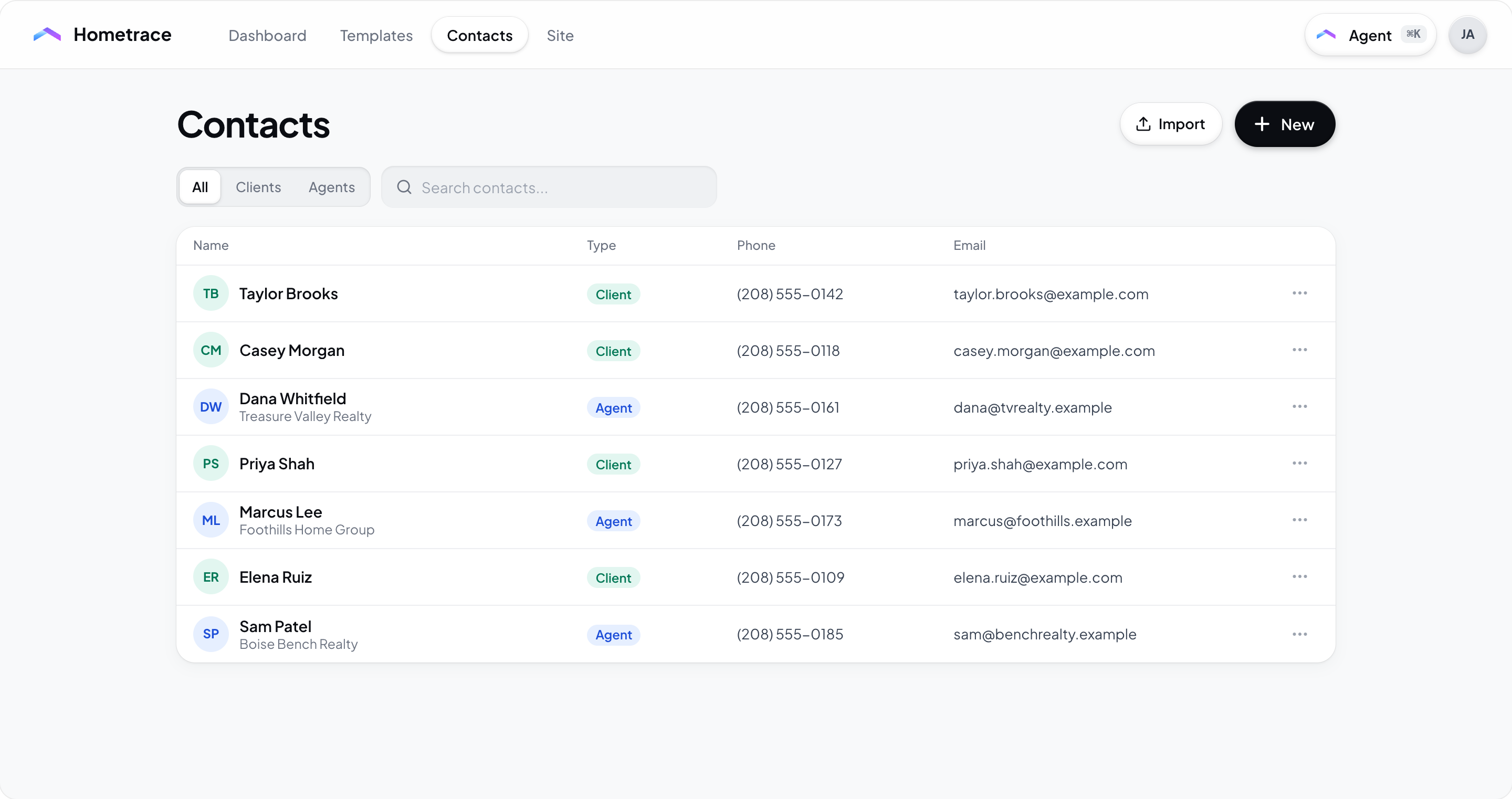 Hometrace interface illustration: Contacts: All / Clients / Agents, search, table with type tags, phone and email, Import and New.