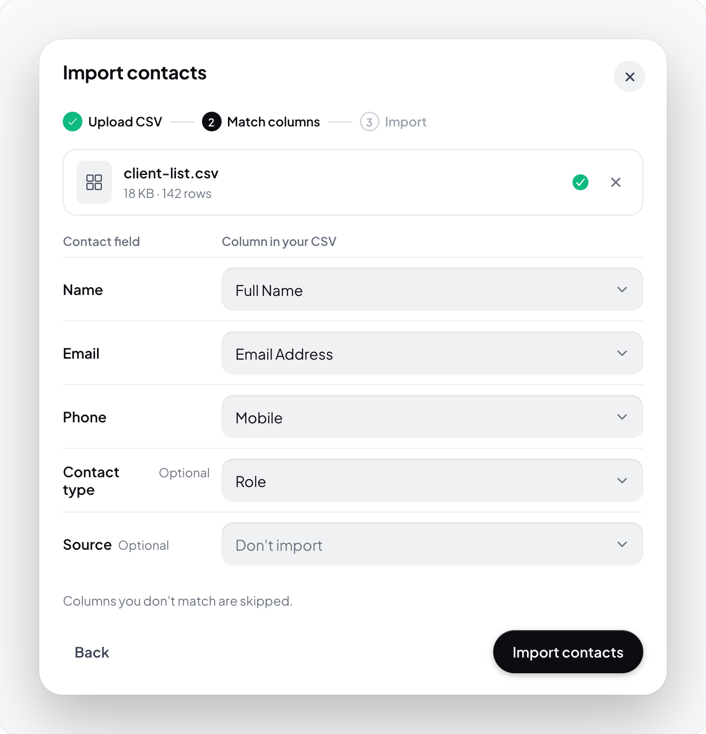 Hometrace interface illustration: Import contacts, step 2: CSV ready, contact fields matched to columns.