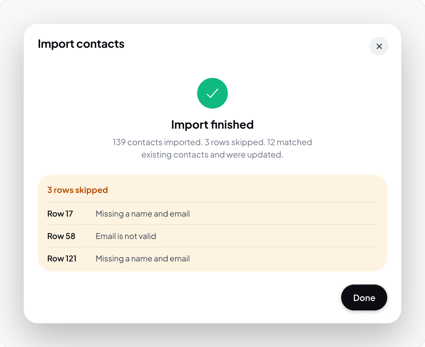 Hometrace interface illustration: Import finished with counts and the skipped rows.