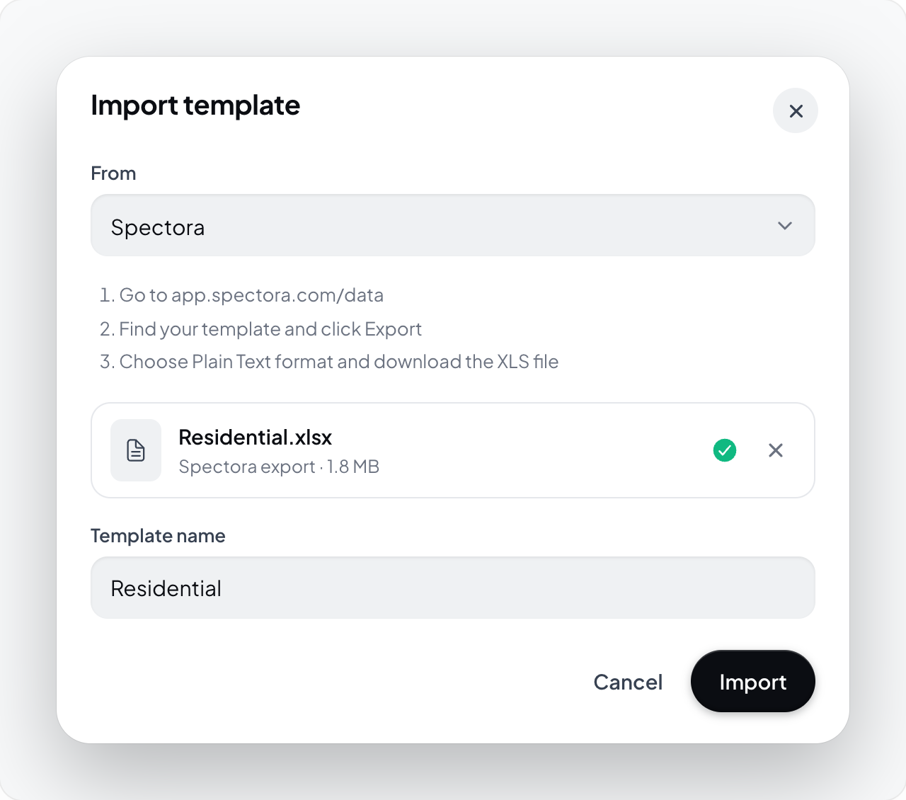 Hometrace interface illustration: Import template from Spectora: export steps, file ready, template name.