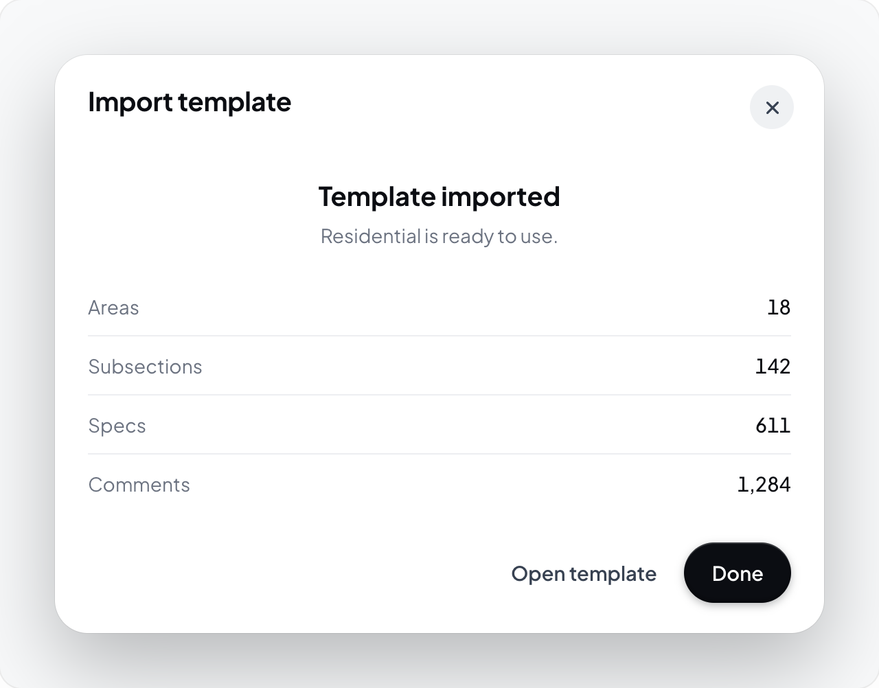 Hometrace interface illustration: Template imported: areas, subsections, specs and comments counts.