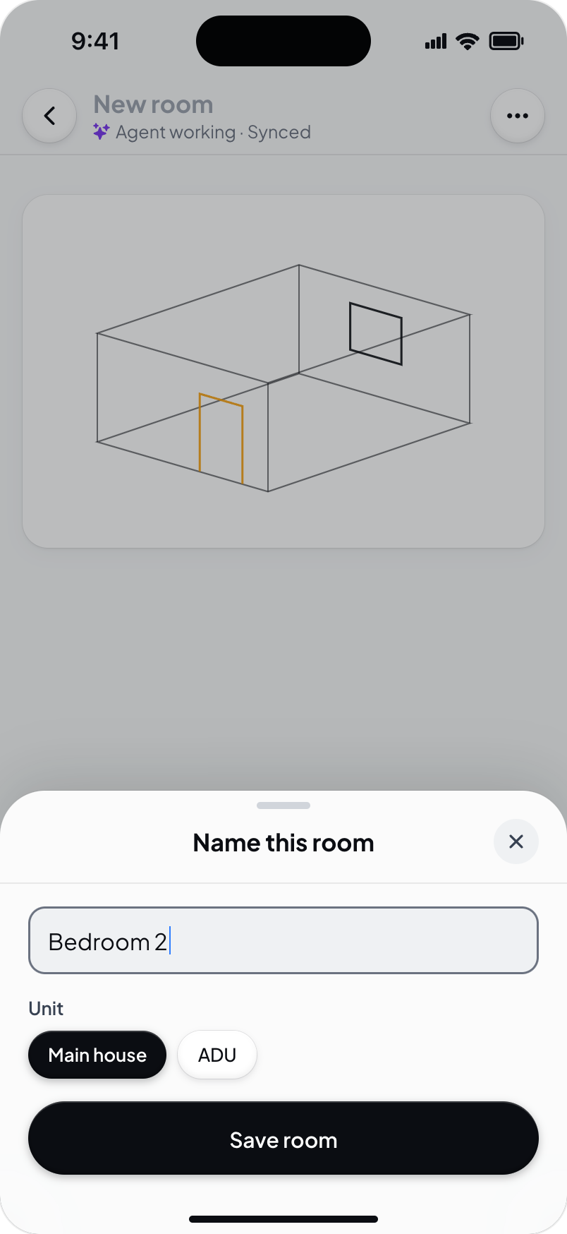 Hometrace interface illustration: Name this room sheet after a scan: prefilled Bedroom 2, Unit chips, Save room.