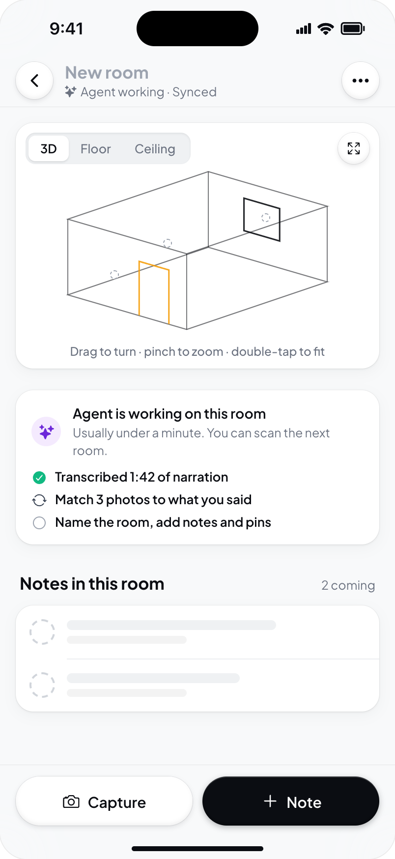 Hometrace interface illustration: A new room while the agent works: steps, aim points and notes coming.