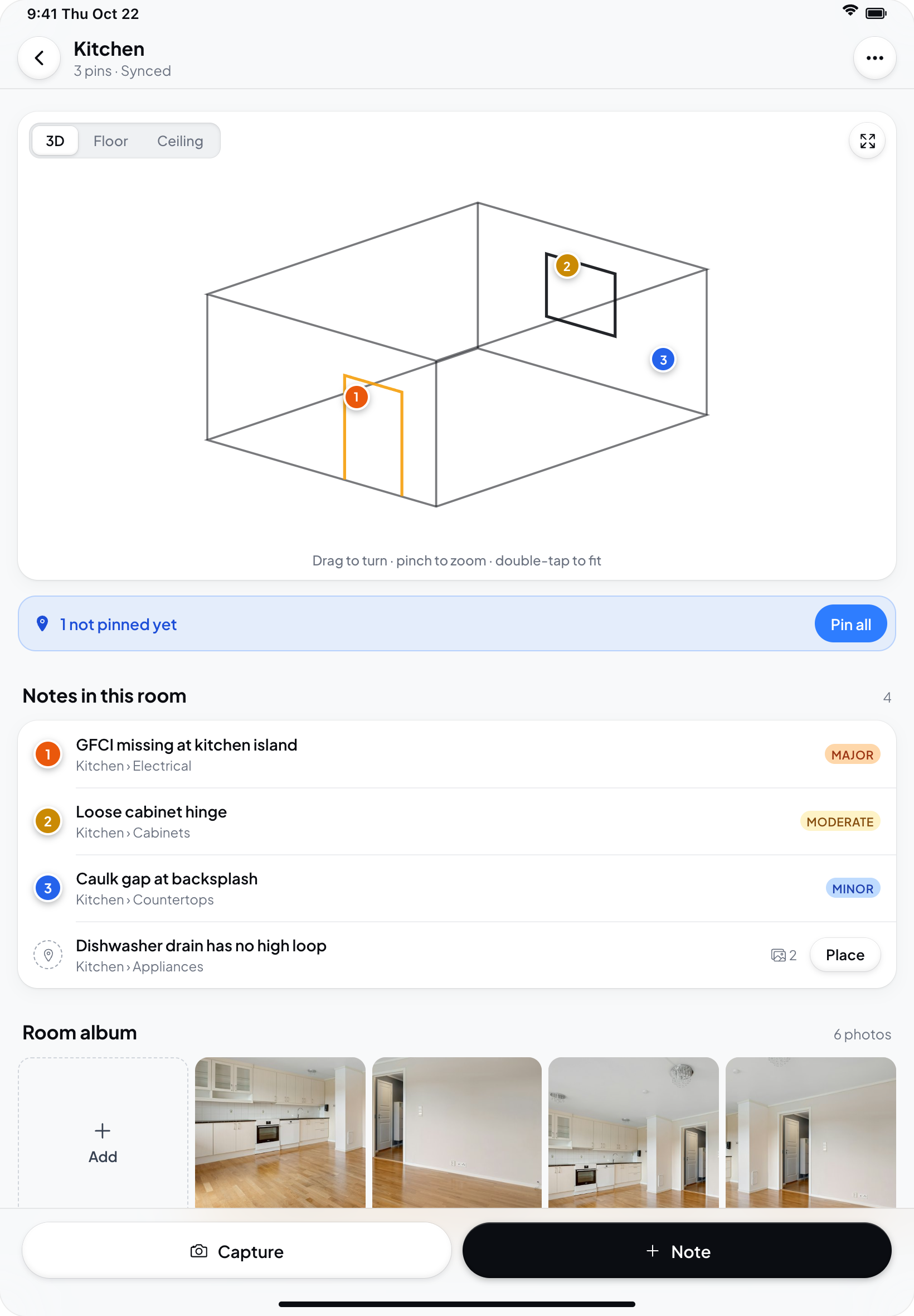 Hometrace interface illustration: iPad room screen: model with 3D / Floor / Ceiling, Notes in this room, Room album, Capture and Note.