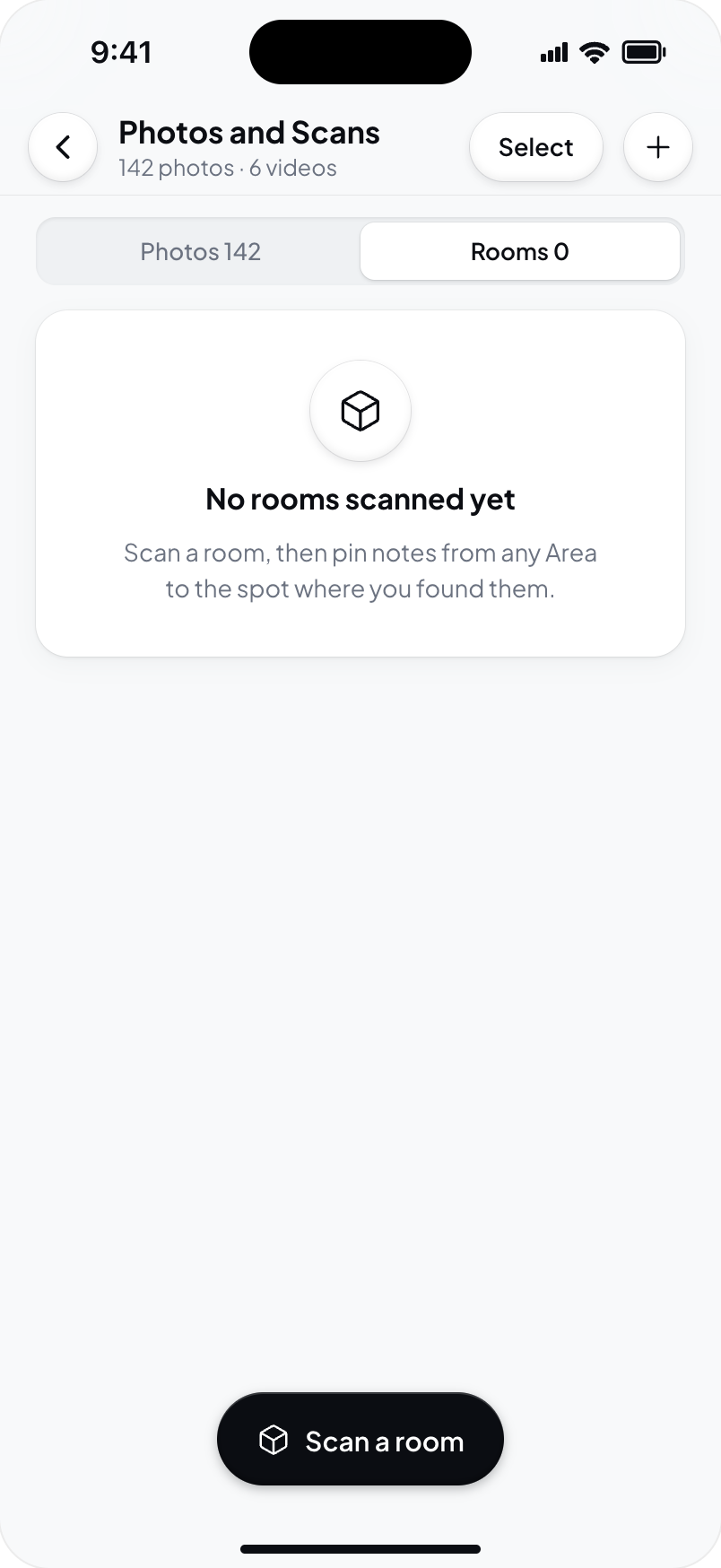 Hometrace interface illustration: No rooms scanned yet.