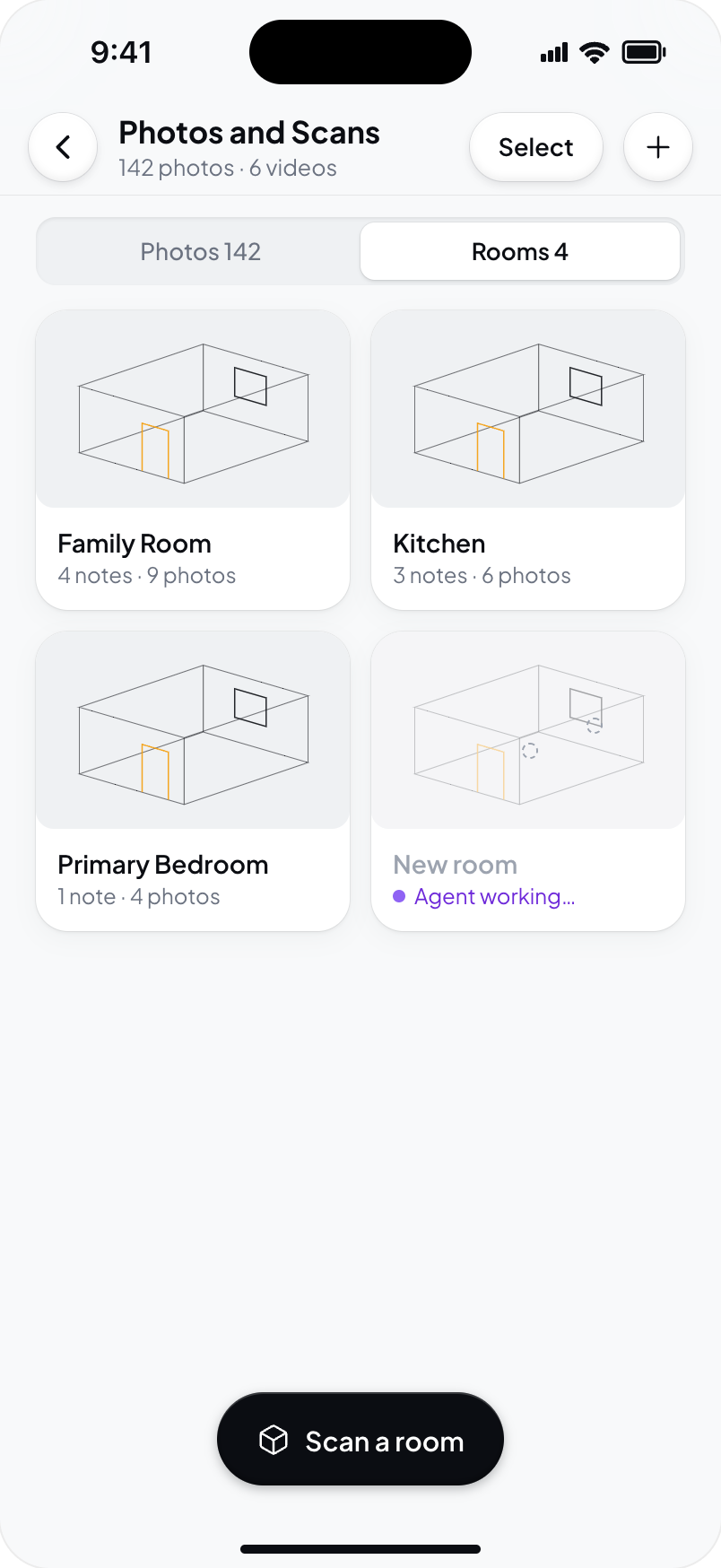 Hometrace interface illustration: Photos and Scans › Rooms: room cards with wireframe thumbnails, one with the agent working, Scan a room.