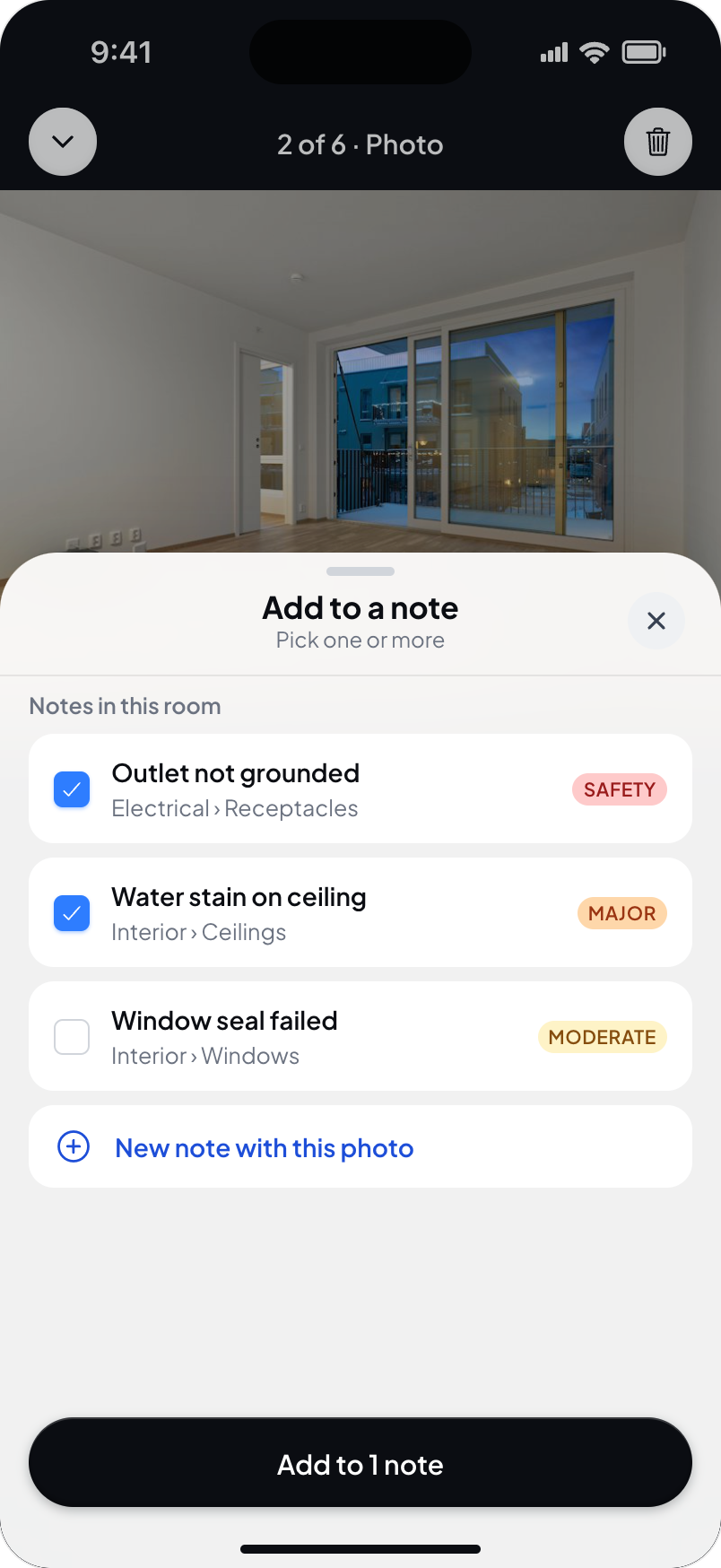 Hometrace interface illustration: Add to a note: room notes with checkboxes, New note with this photo, Add to 1 note.