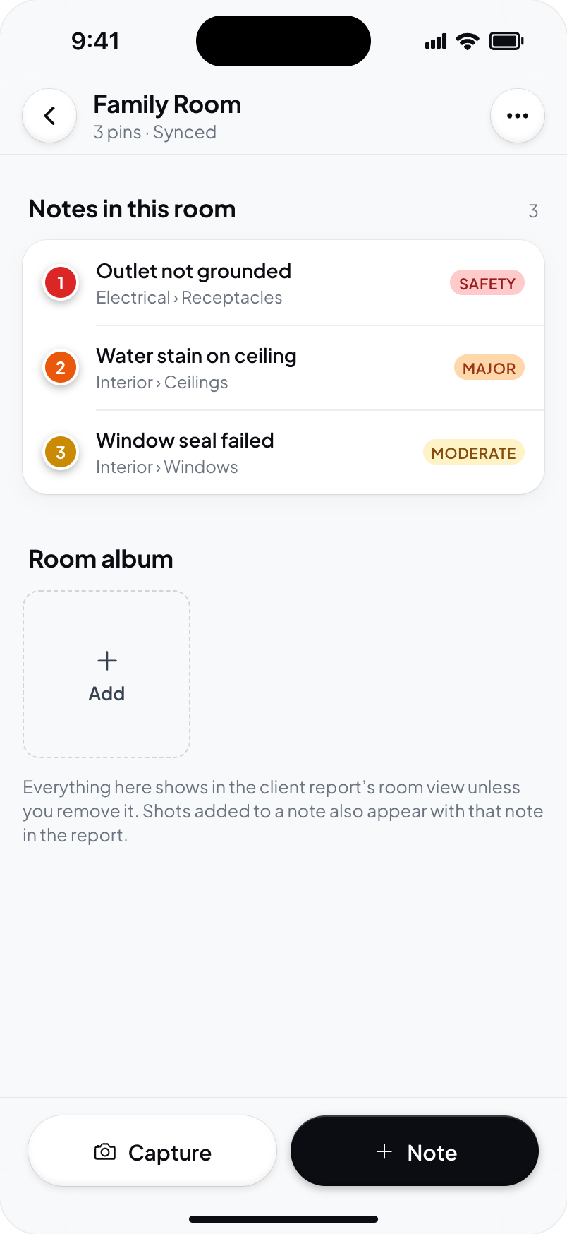 Hometrace interface illustration: A room with no shots yet: the album shows only the Add tile and the caption.