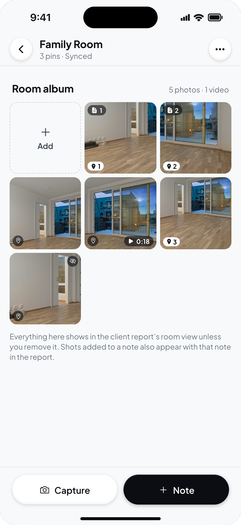 Hometrace interface illustration: Album badges: in notes, pinned, not pinned, video with duration, removed from the client report.