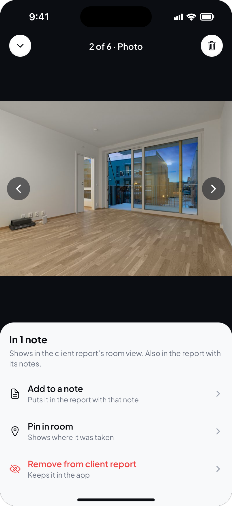 Hometrace interface illustration: An opened shot: 2 of 6 · Photo, In 1 note, Add to a note, Pin in room, Remove from client report.